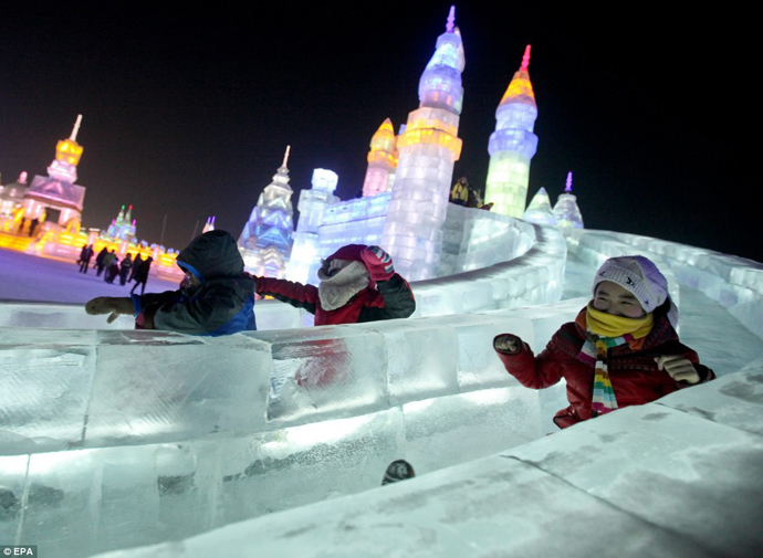 Incredible Ice Sculptures Come Alive Through LED lights, Harbin