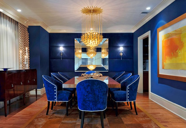 Dining Room Blue Table Orange Chairs