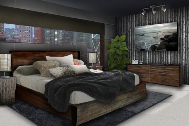 bedroom designs dark decor dramatic atmosphere male mens modern decorating grey bed furniture wood rustic bedding apartment brown wooden studio