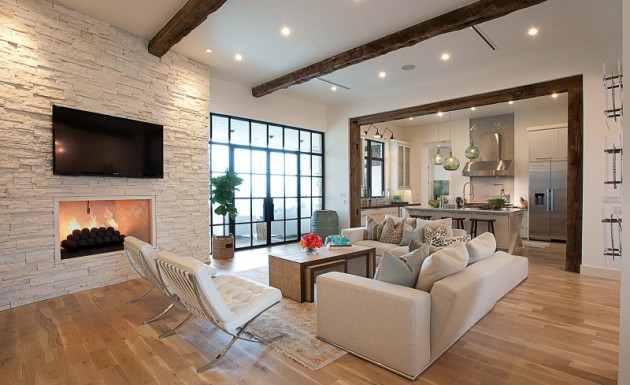 white living room exposed beams