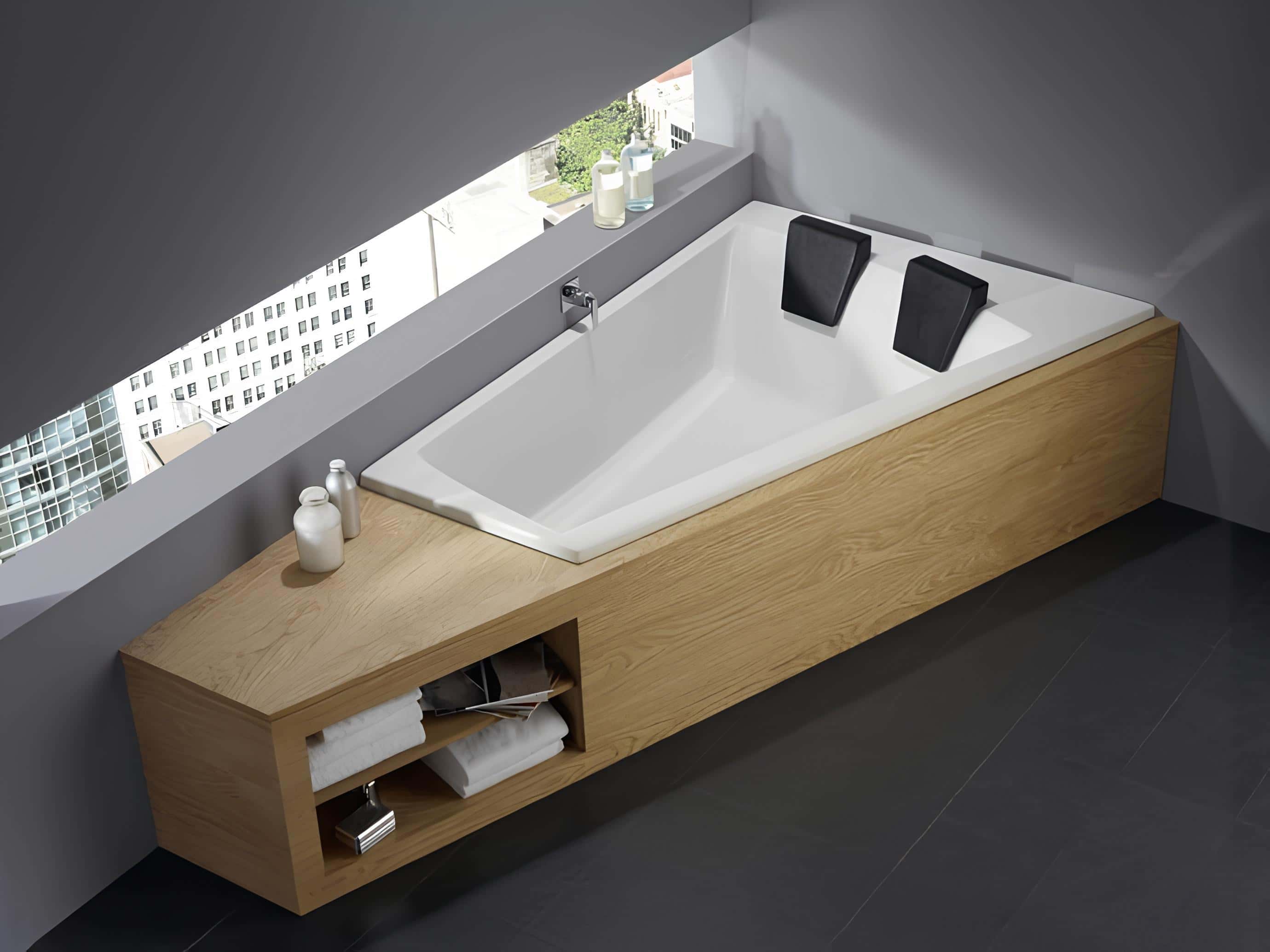 Wood-Framed Bathtub with City View Modern built-in bathtub framed in wood overlooking urban skyline