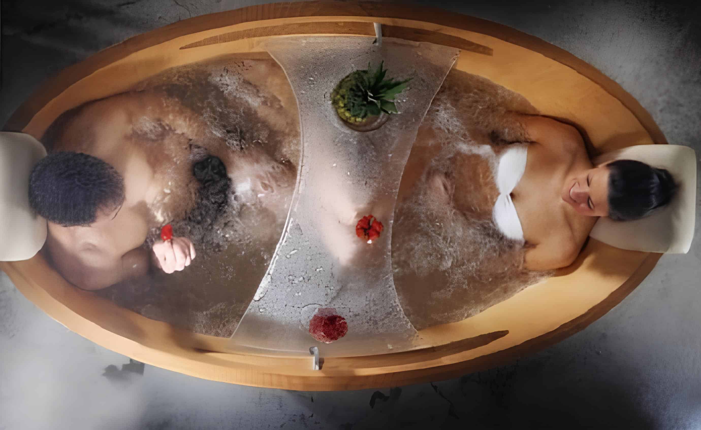 Dual Soaking Bathtub with Center Divider Wooden bathtub for two people with clear center divider and spa features