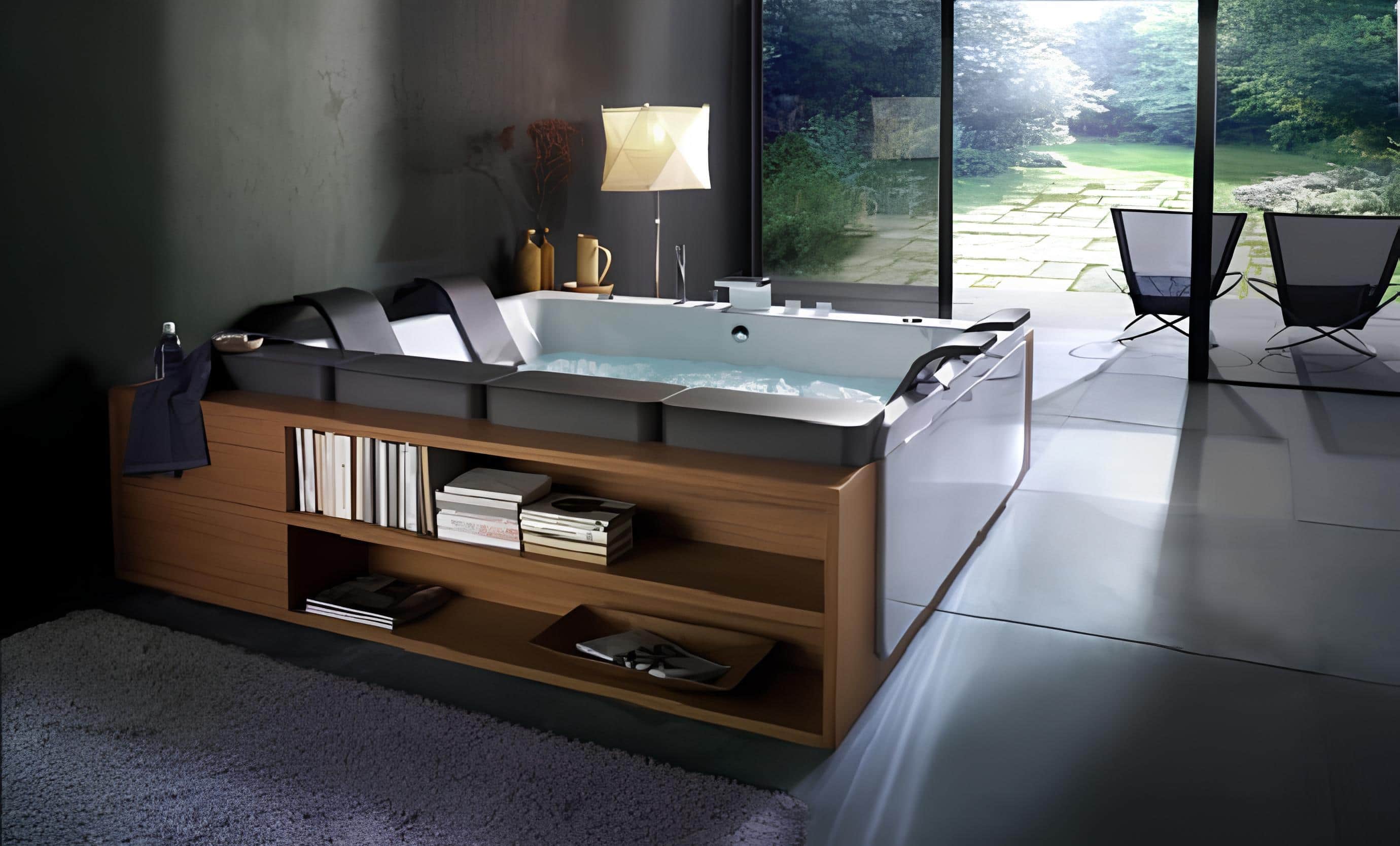 Luxury Square Jacuzzi Bathtub with Wooden Shelves Luxury square jacuzzi bathtub with padded headrests and built-in wooden storage shelves