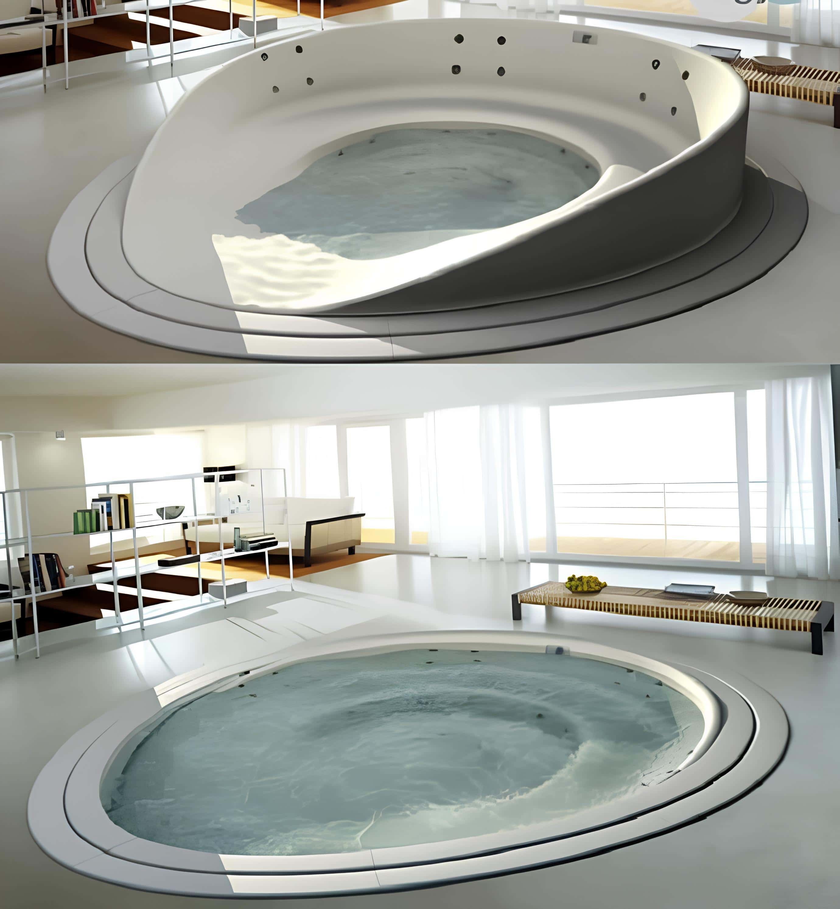 Round Sunken Jacuzzi Bathtub with Modern Interior Luxury round sunken jacuzzi bathtub set in a bright modern bathroom interior