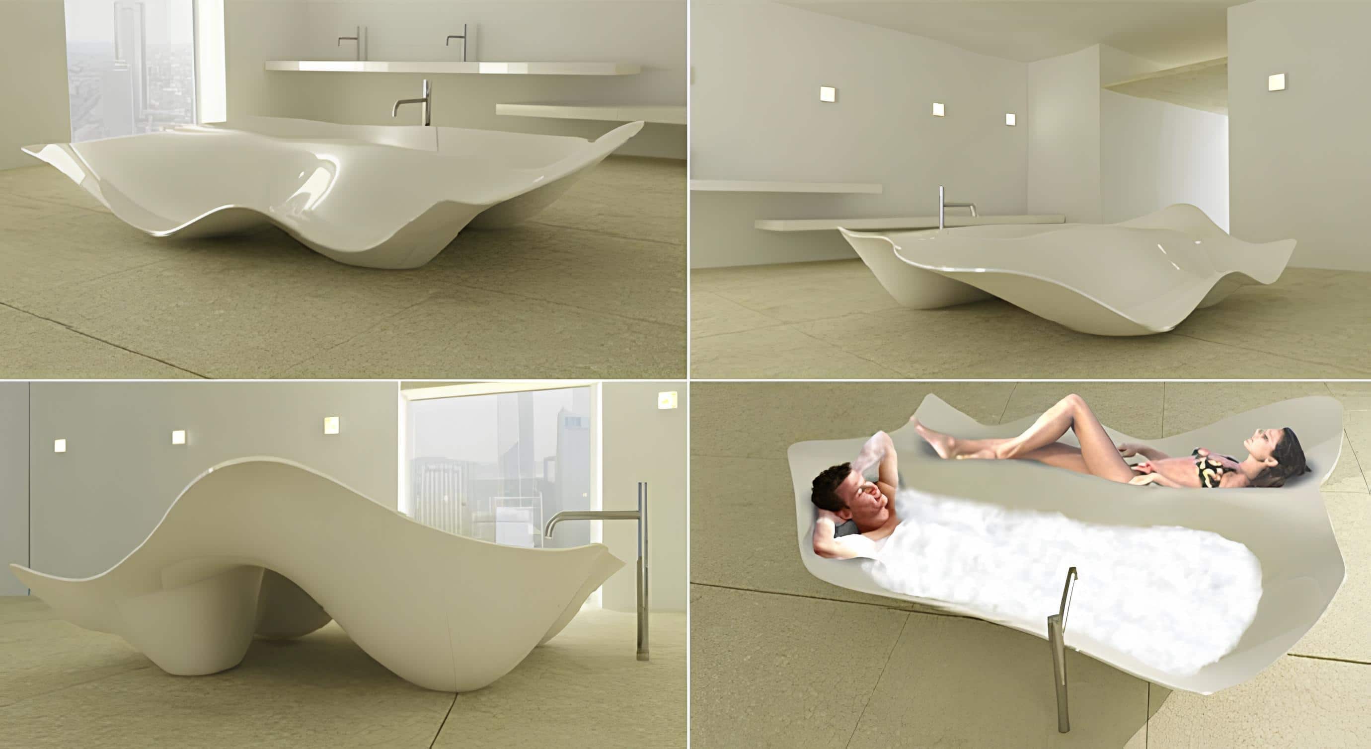 Modern Wavy Bathtub Design for Couples Futuristic wavy bathtub design with two people relaxing in a modern space