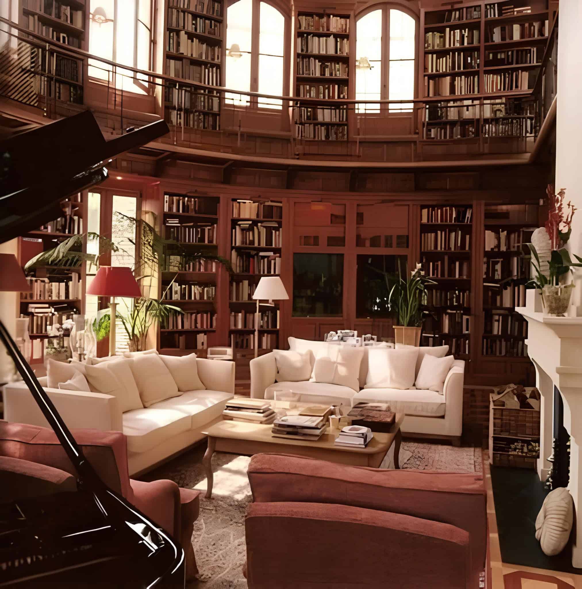 Circular double-height home library with bookshelves, grand piano and cozy seating area