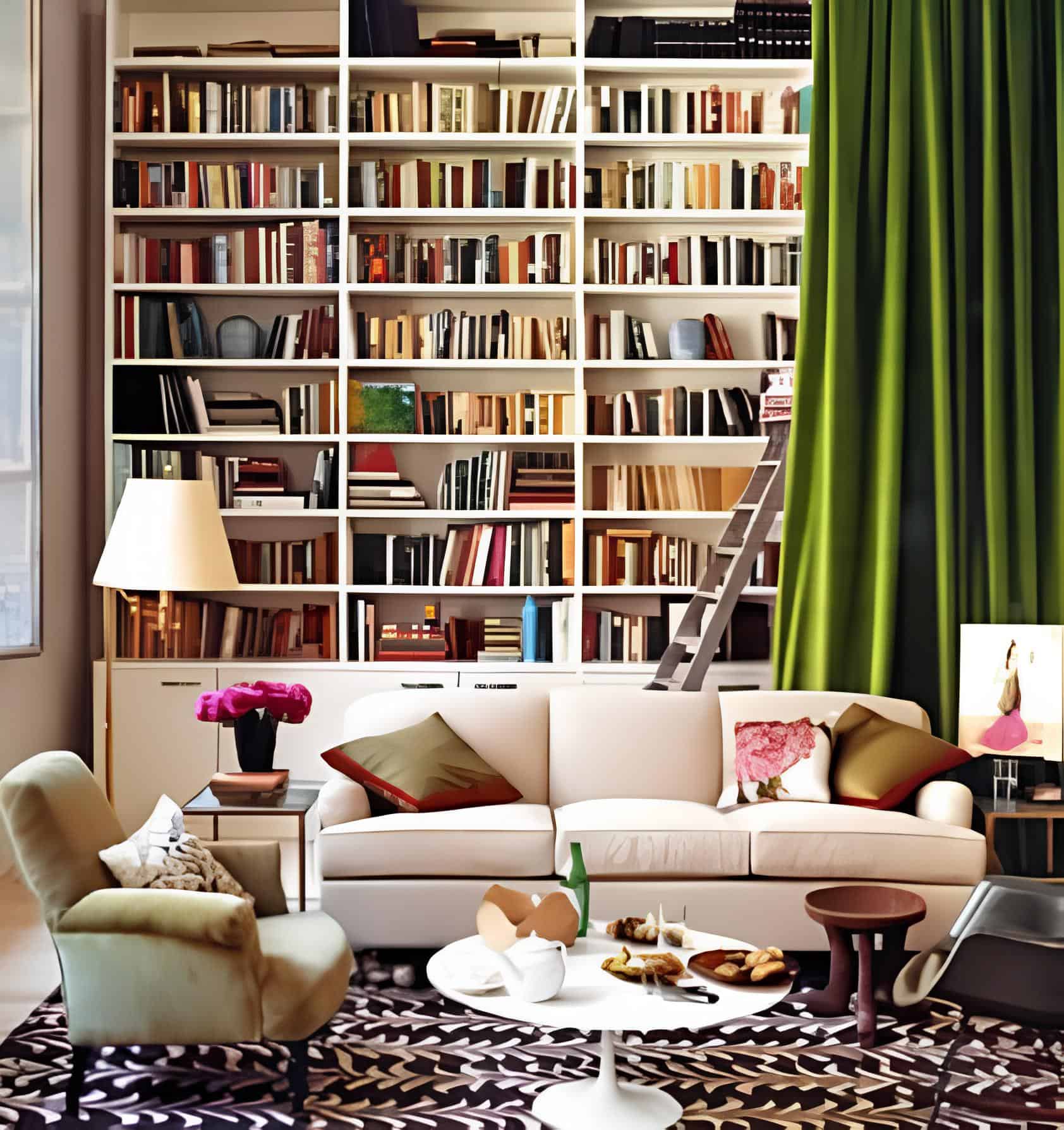 Colorful living room with white library wall, green curtain and patterned rug