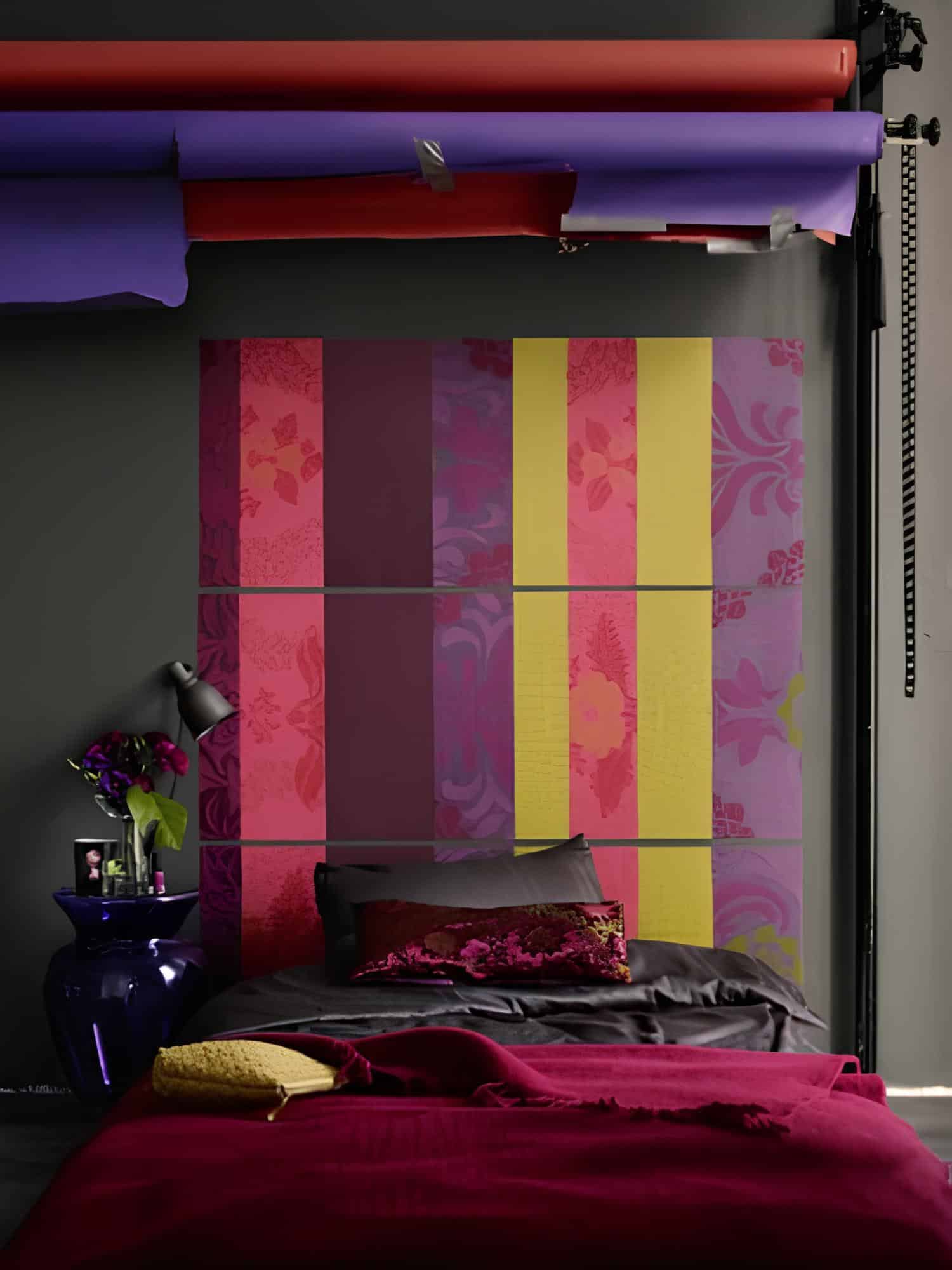 Bold modern headboard with vertical colorful patterned panels