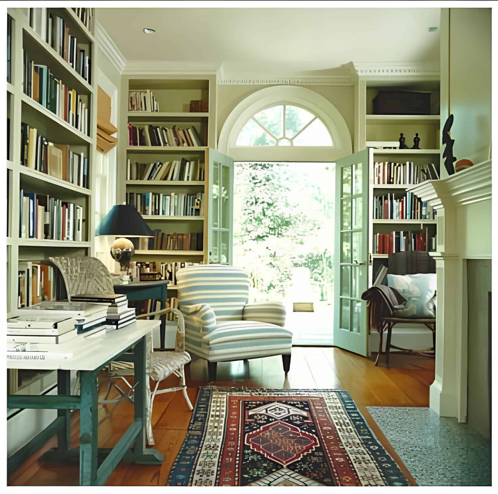 Cozy home library with armchair, bookshelves and French doors opening to a garden