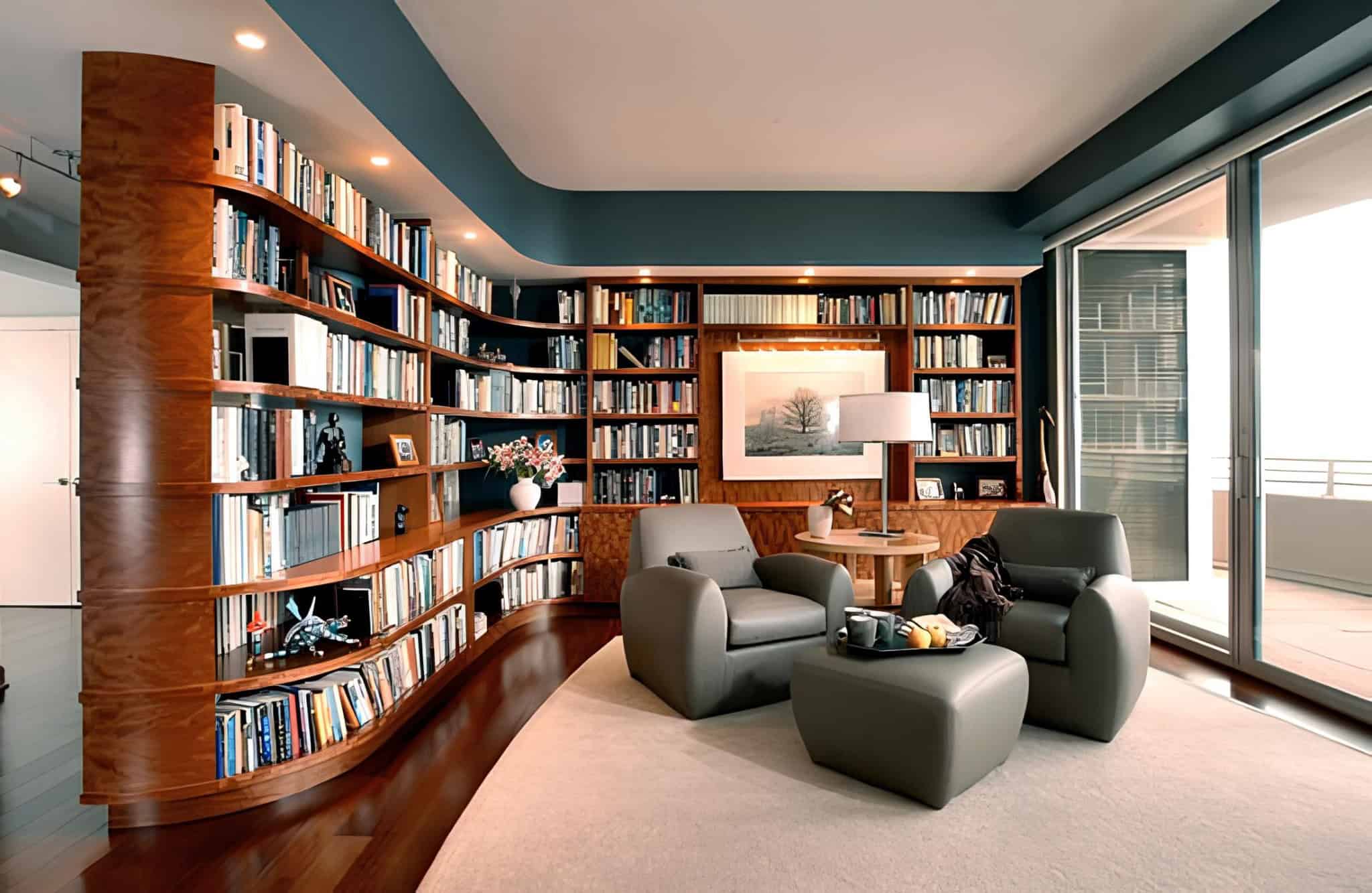 Curved wood apartment home library with built-in shelving and lounge chairs