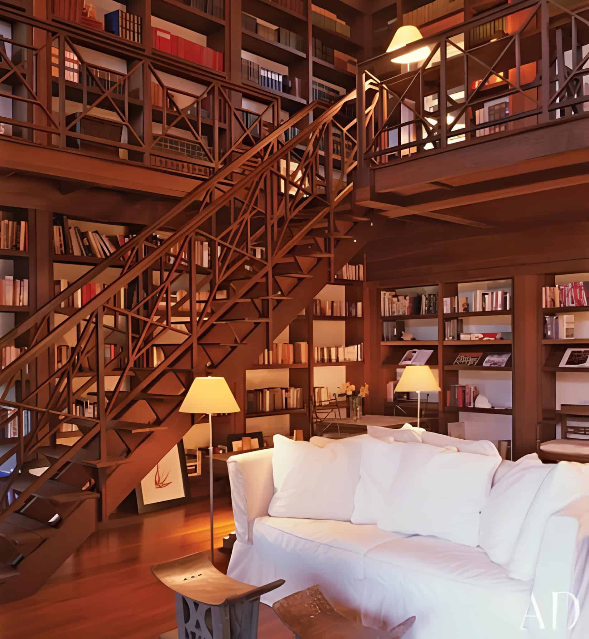 Double-height home library with wood staircase and mezzanine lined with bookshelves