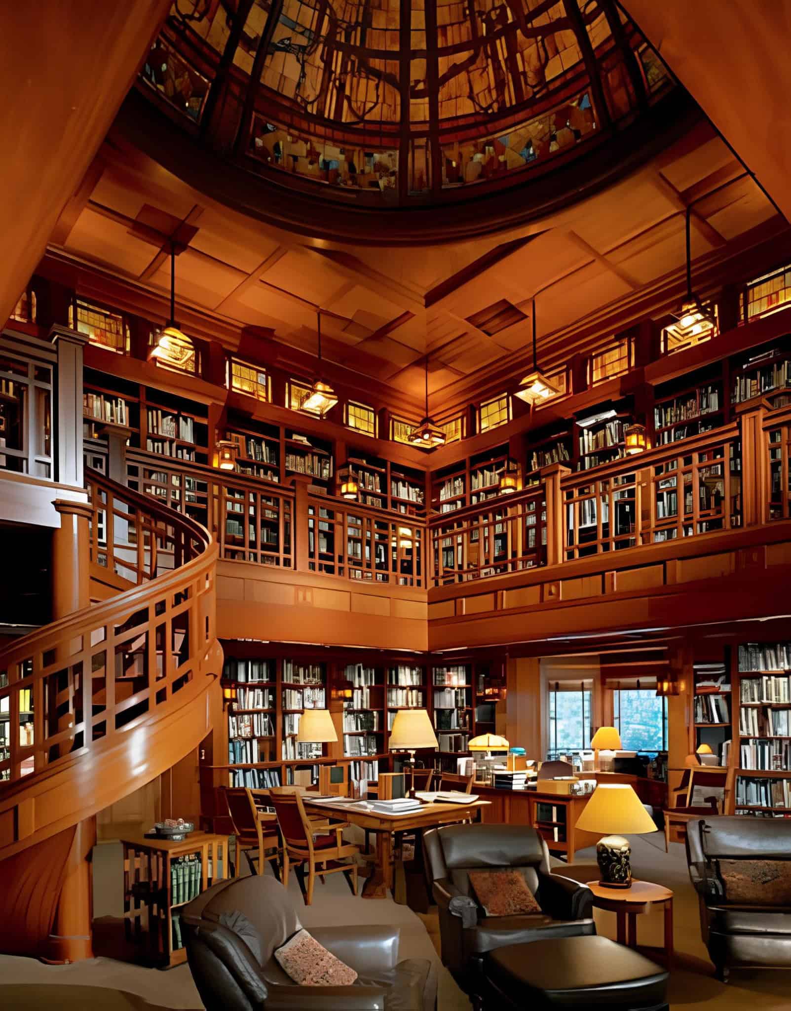 Double-height wood-paneled home library with spiral staircase and lounge chairs