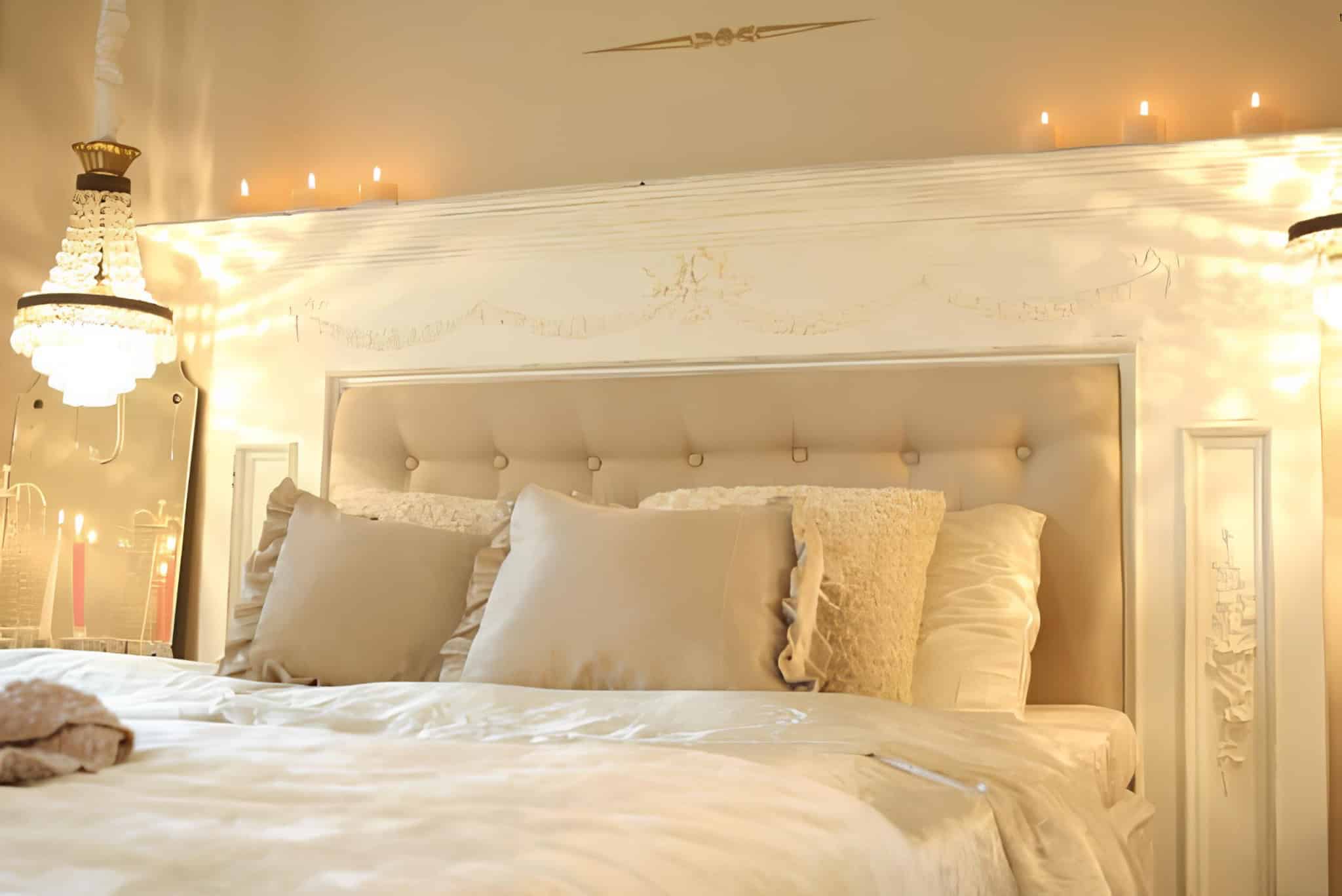 Luxurious cream-colored bed with soft lighting and crystal chandelier