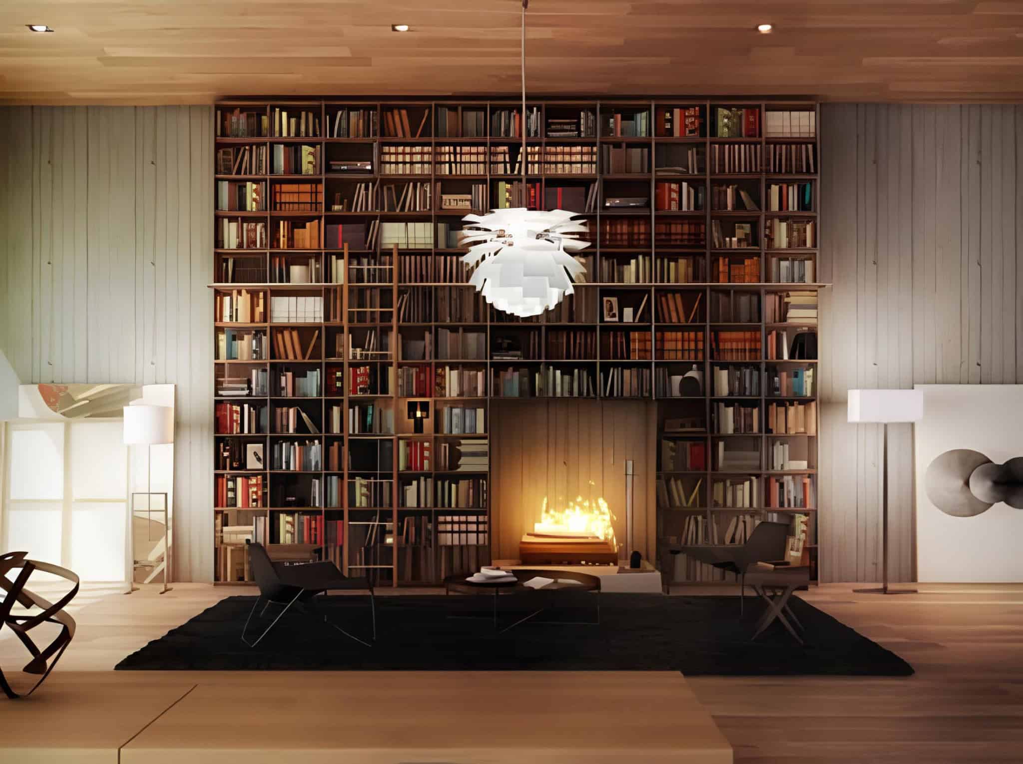 Cozy home library with floor-to-ceiling bookshelves and modern fireplace