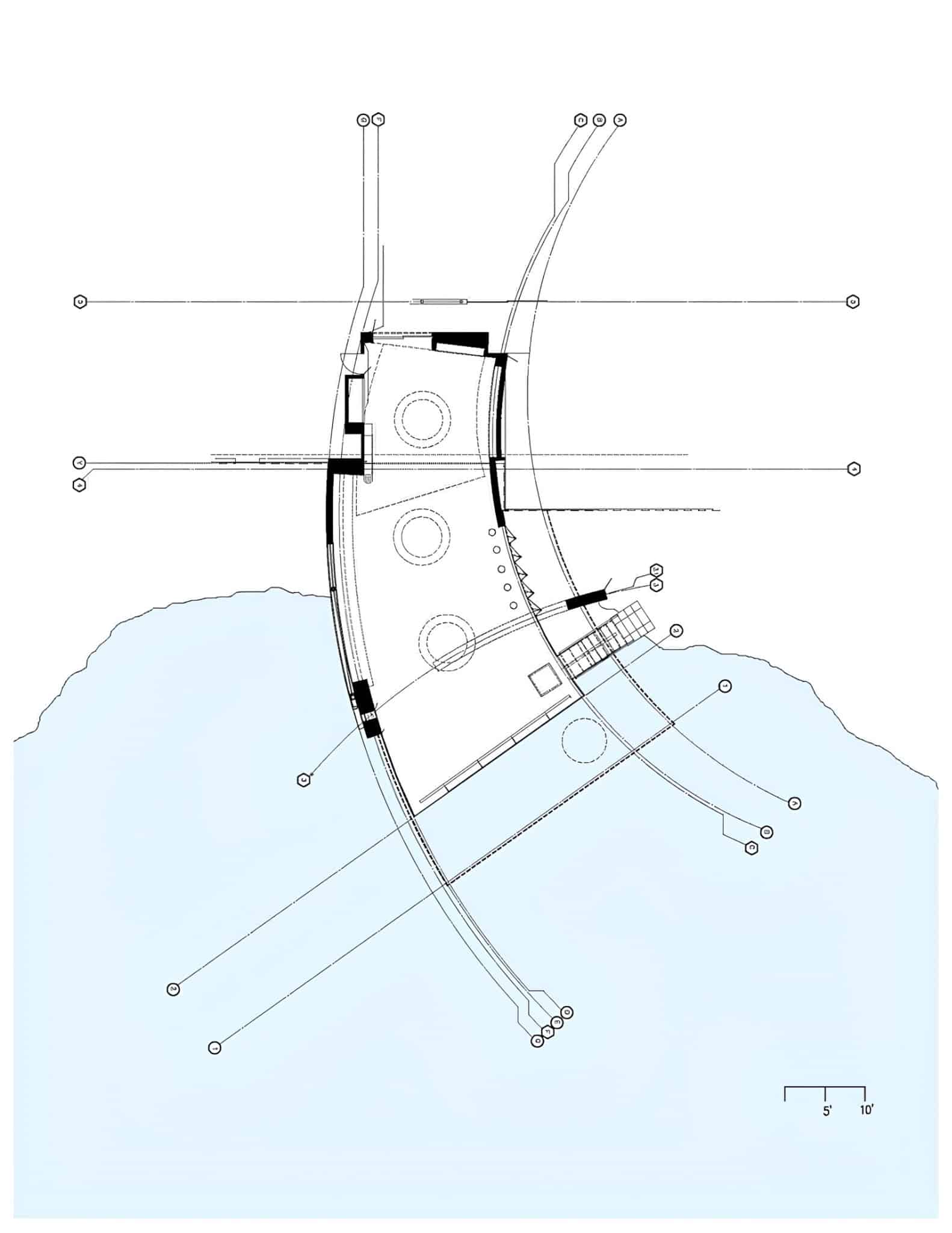 Floorplan Waterfront Architecture Design Architectural floorplan of lakeside studio with curved geometry and water integration.