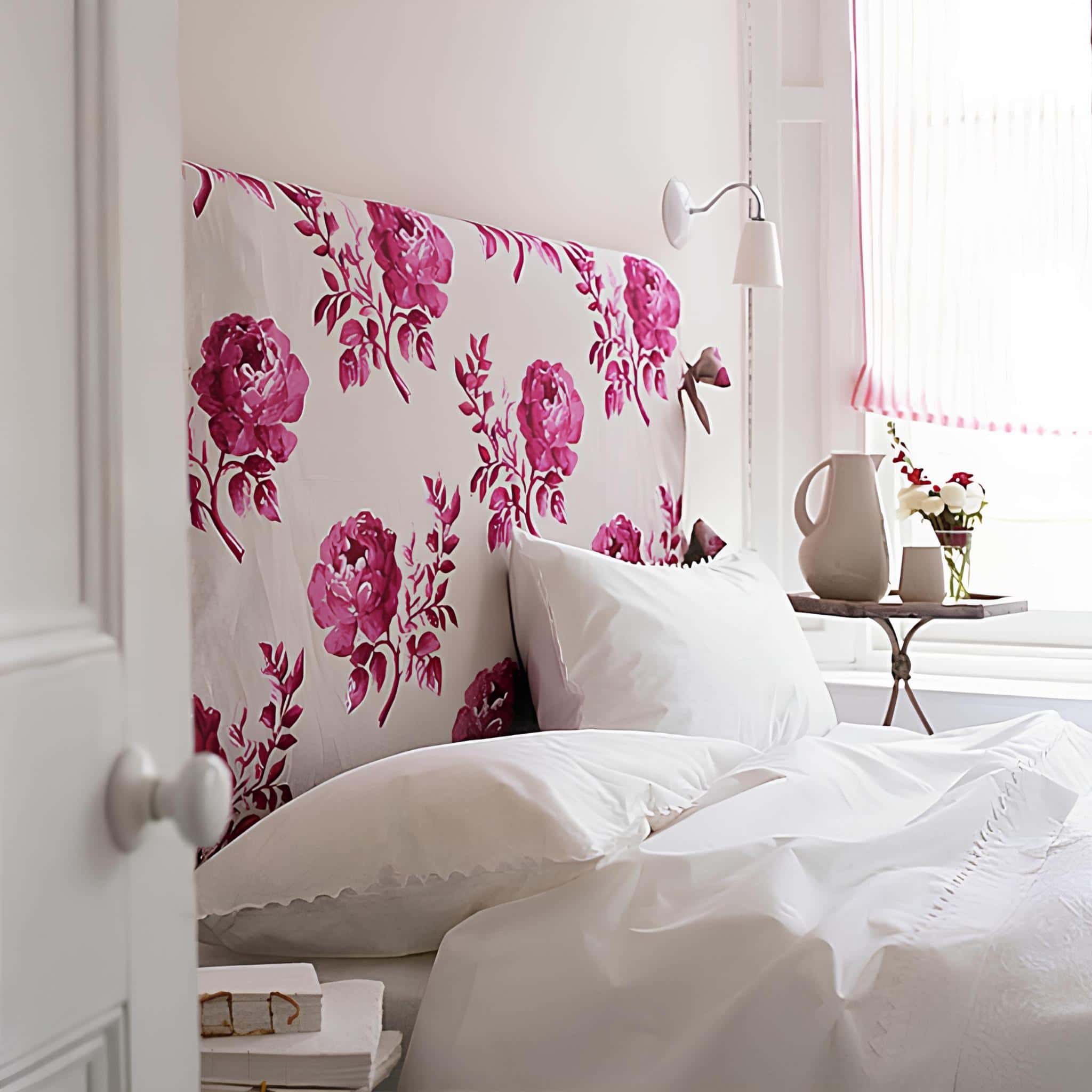 Fabric headboard with large pink floral pattern