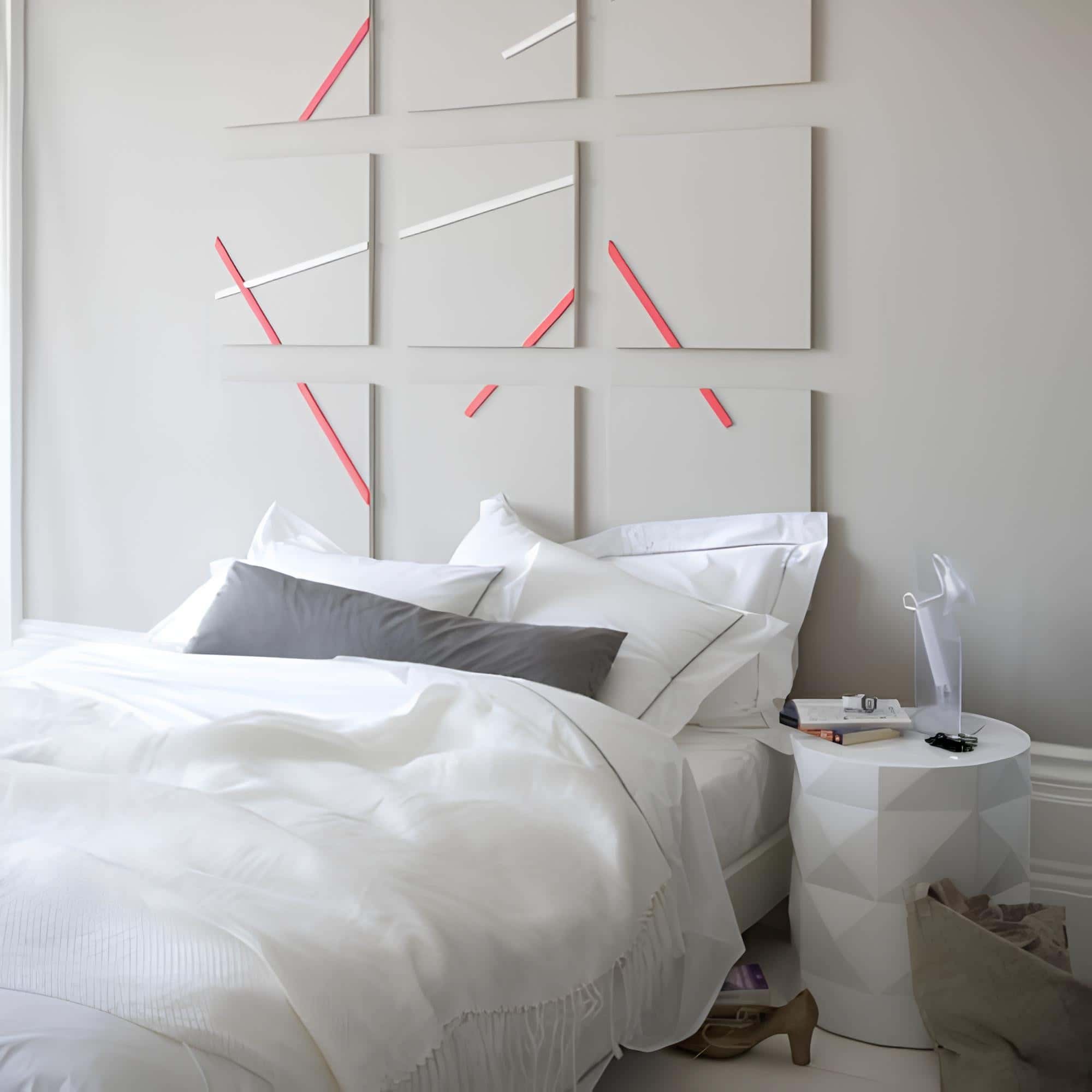 Minimalist bedroom with abstract geometric wall panels serving as a headboard