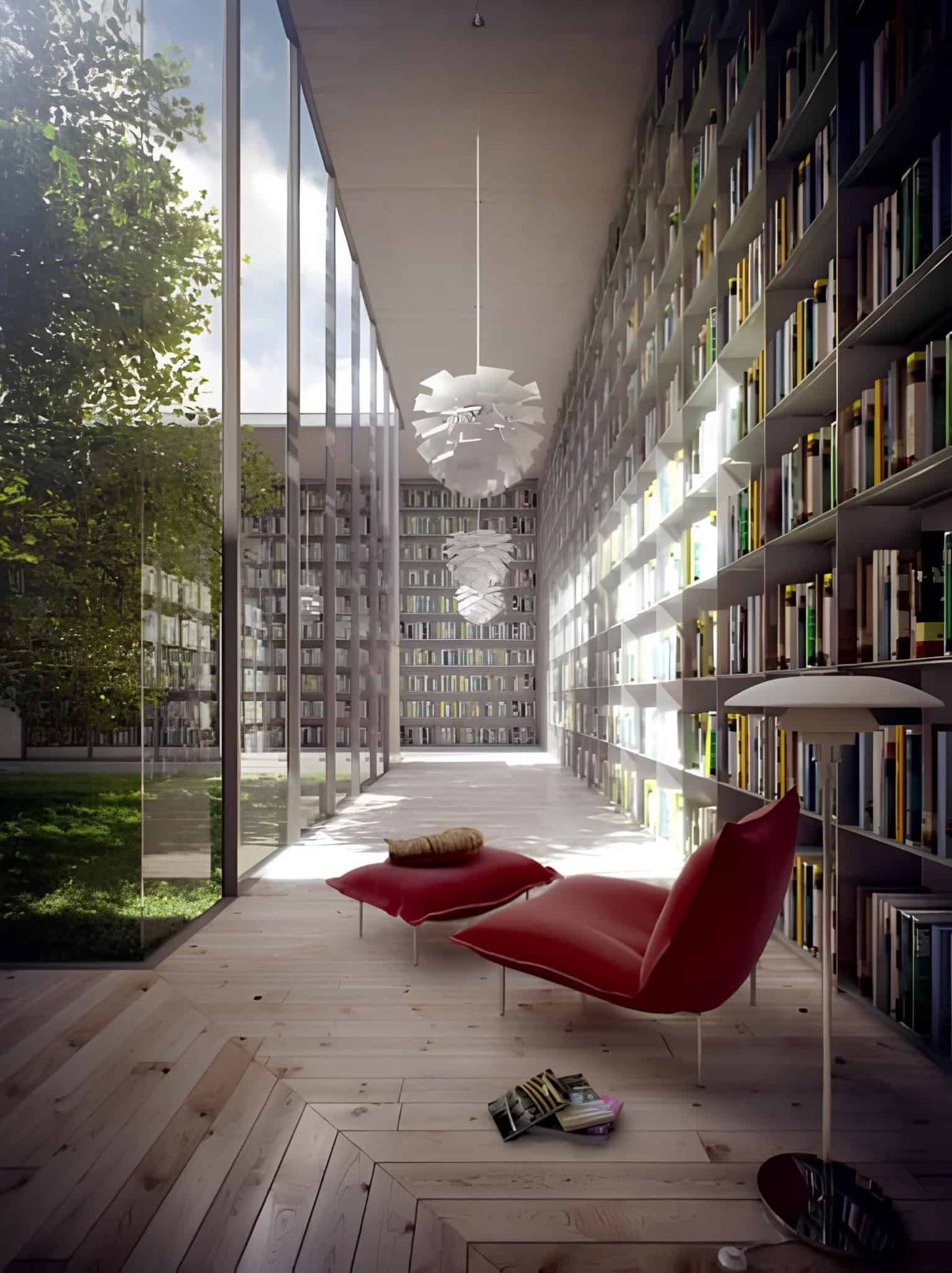 Glass-walled home library with tall bookshelves and red lounge chairs