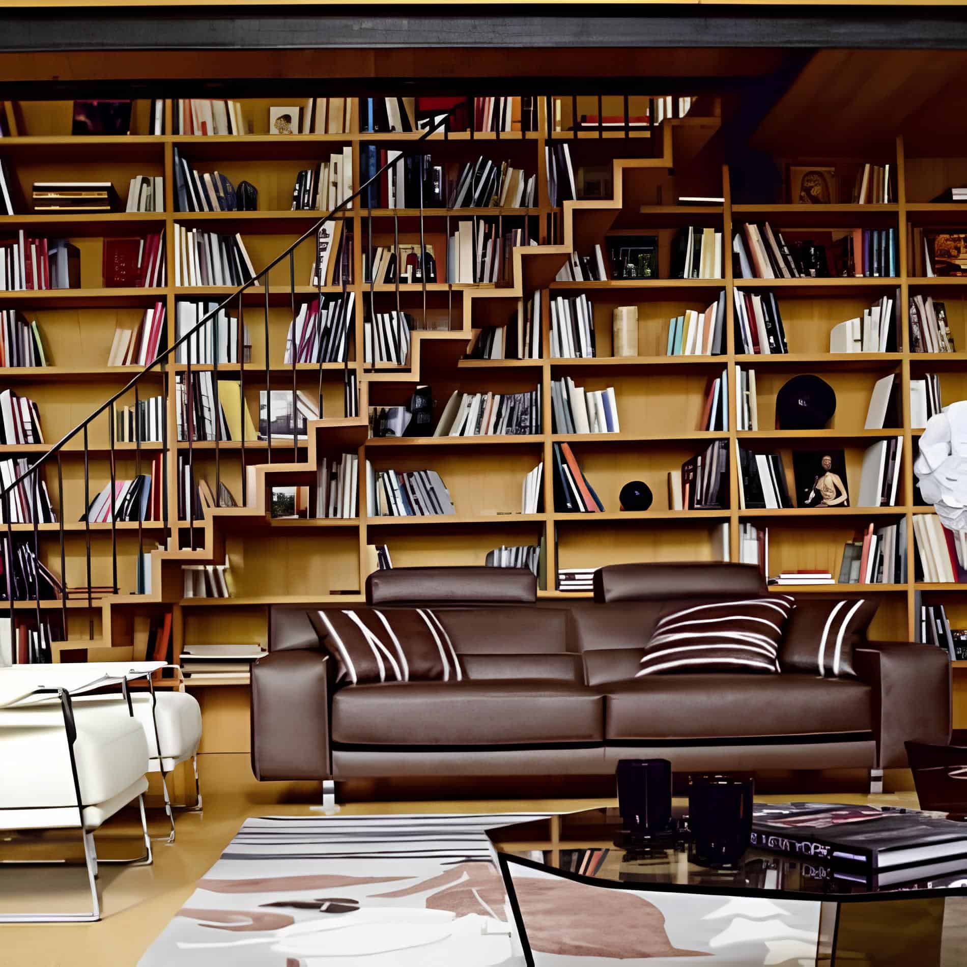 Home library with staircase integrated into geometric bookshelf wall behind leather sofa