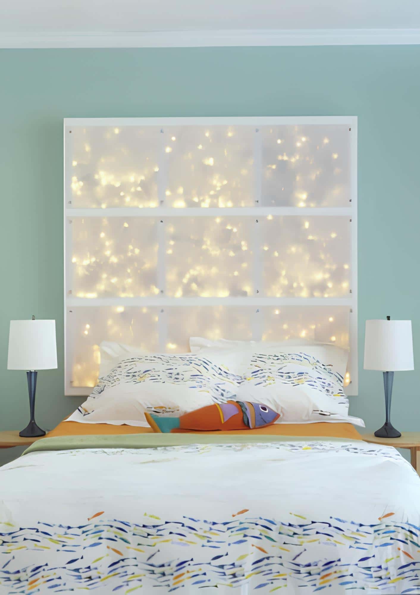 Whimsical kids bedroom with glowing headboard and fish-themed bedding
