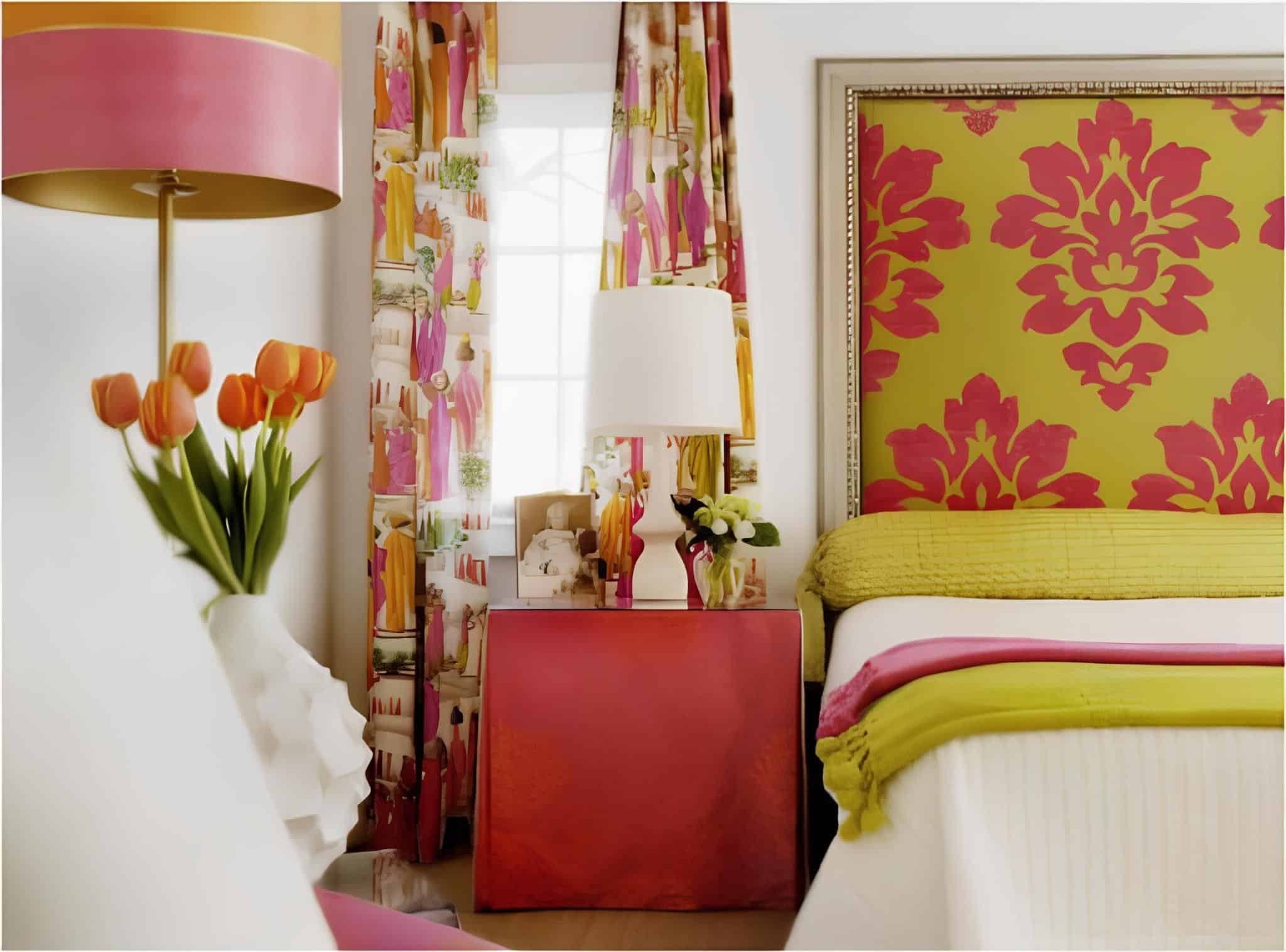 Vibrant bedroom with lime green and pink patterned headboard and colorful curtains