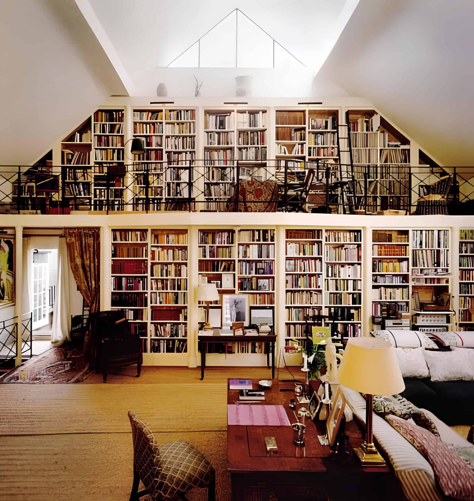 Two-level home library with mezzanine, railing and wall-to-wall bookshelves