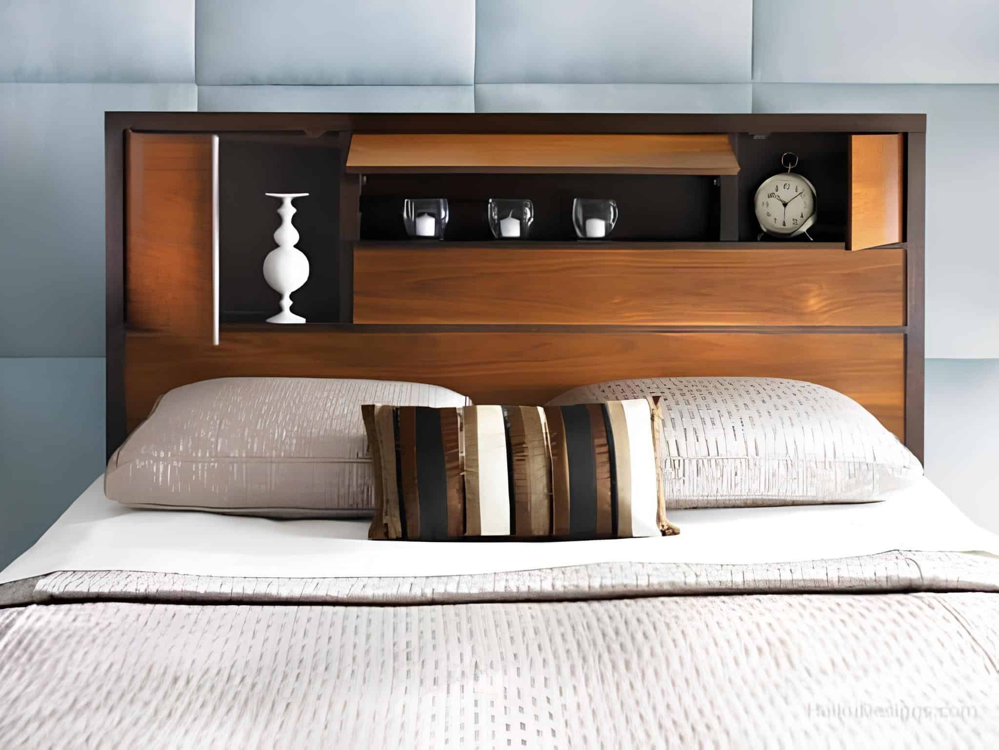 Contemporary bedroom with wooden storage headboard and neutral bedding