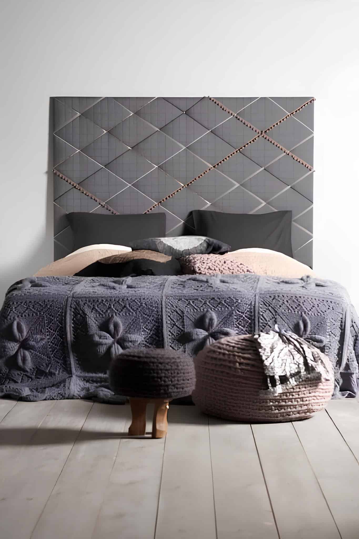 Warm-toned bedroom with modern square panel headboard and vaulted ceiling