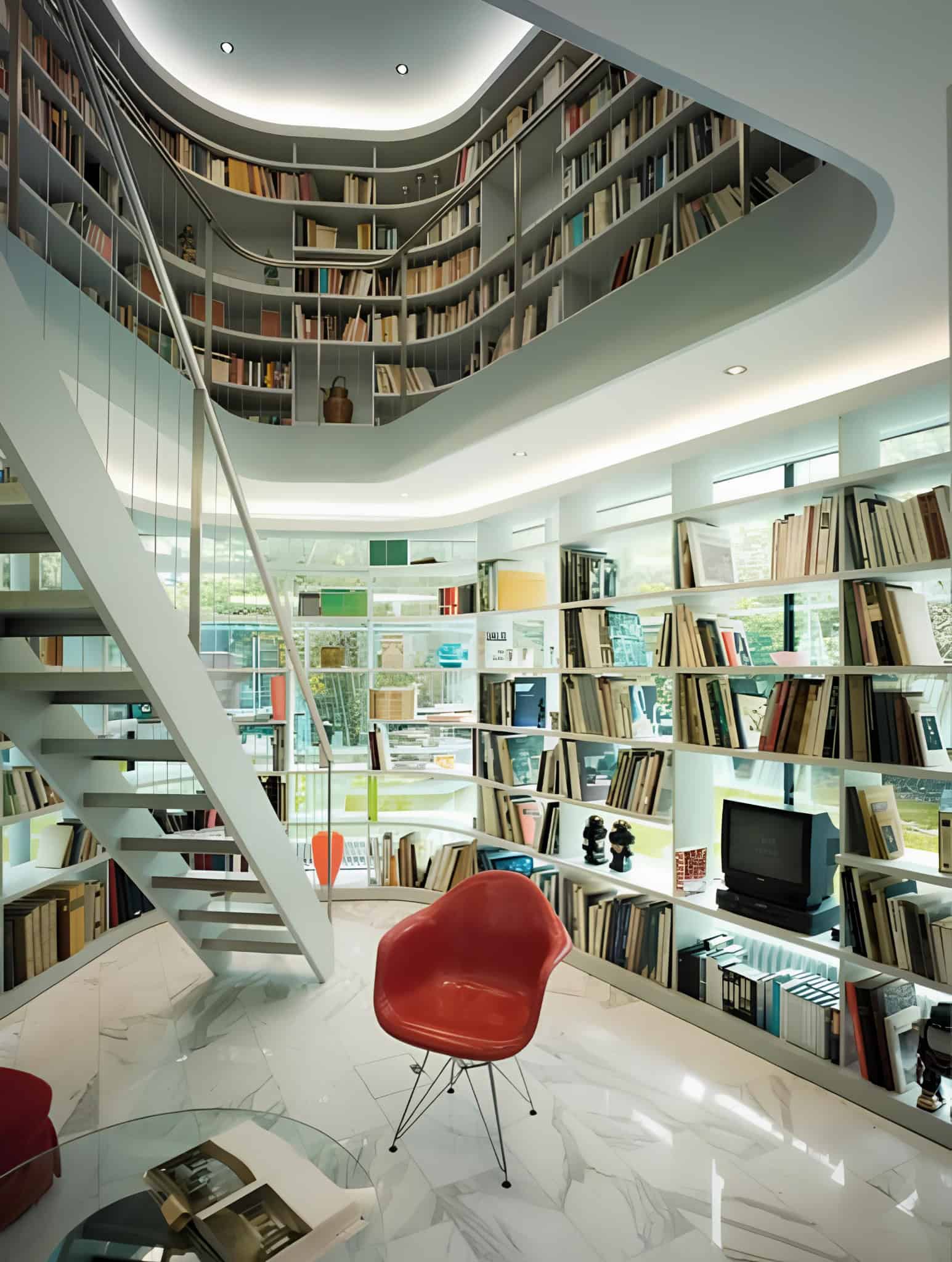 Modern curved home library with white shelves, mezzanine and red accent chairs