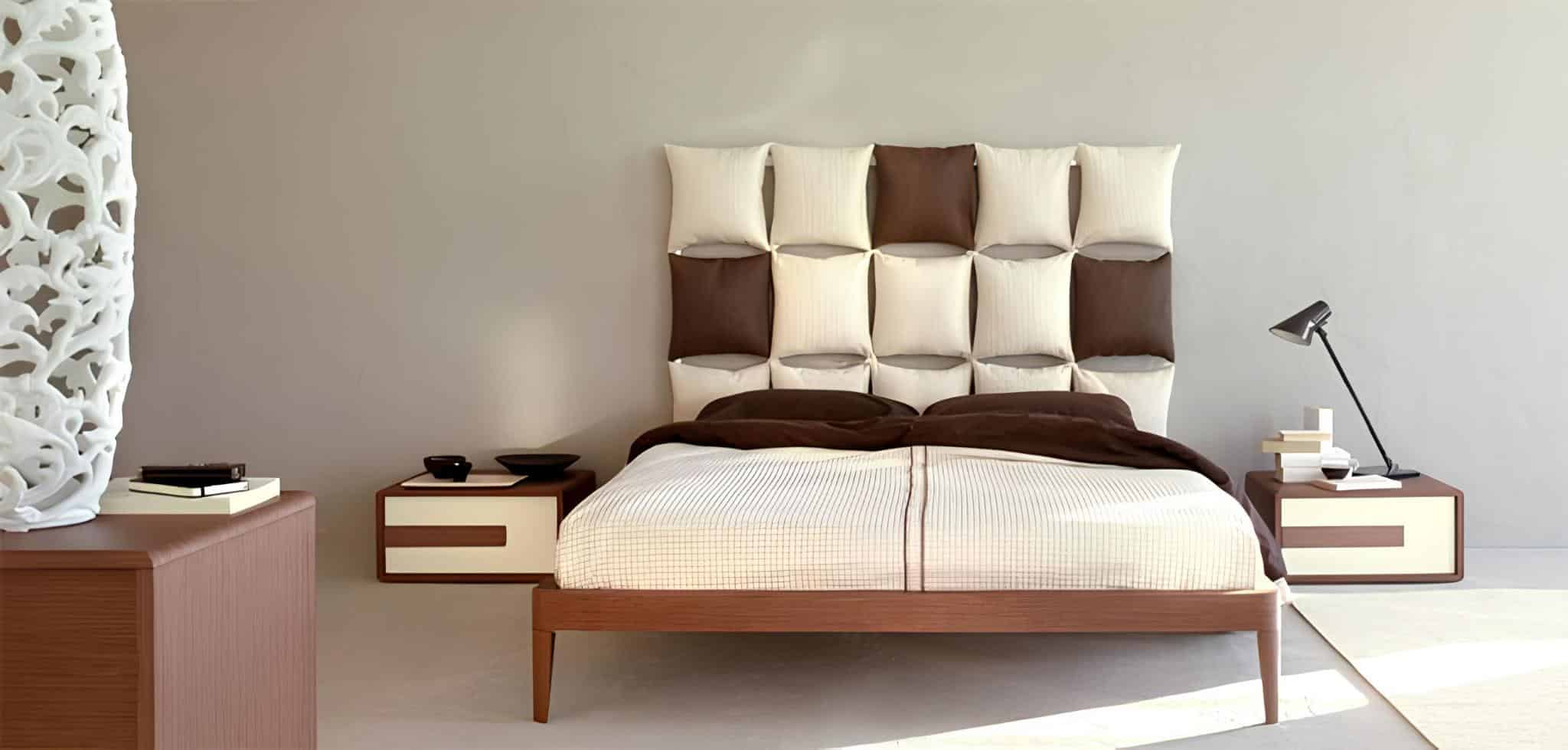 Modern bedroom with checkered padded headboard in brown and cream