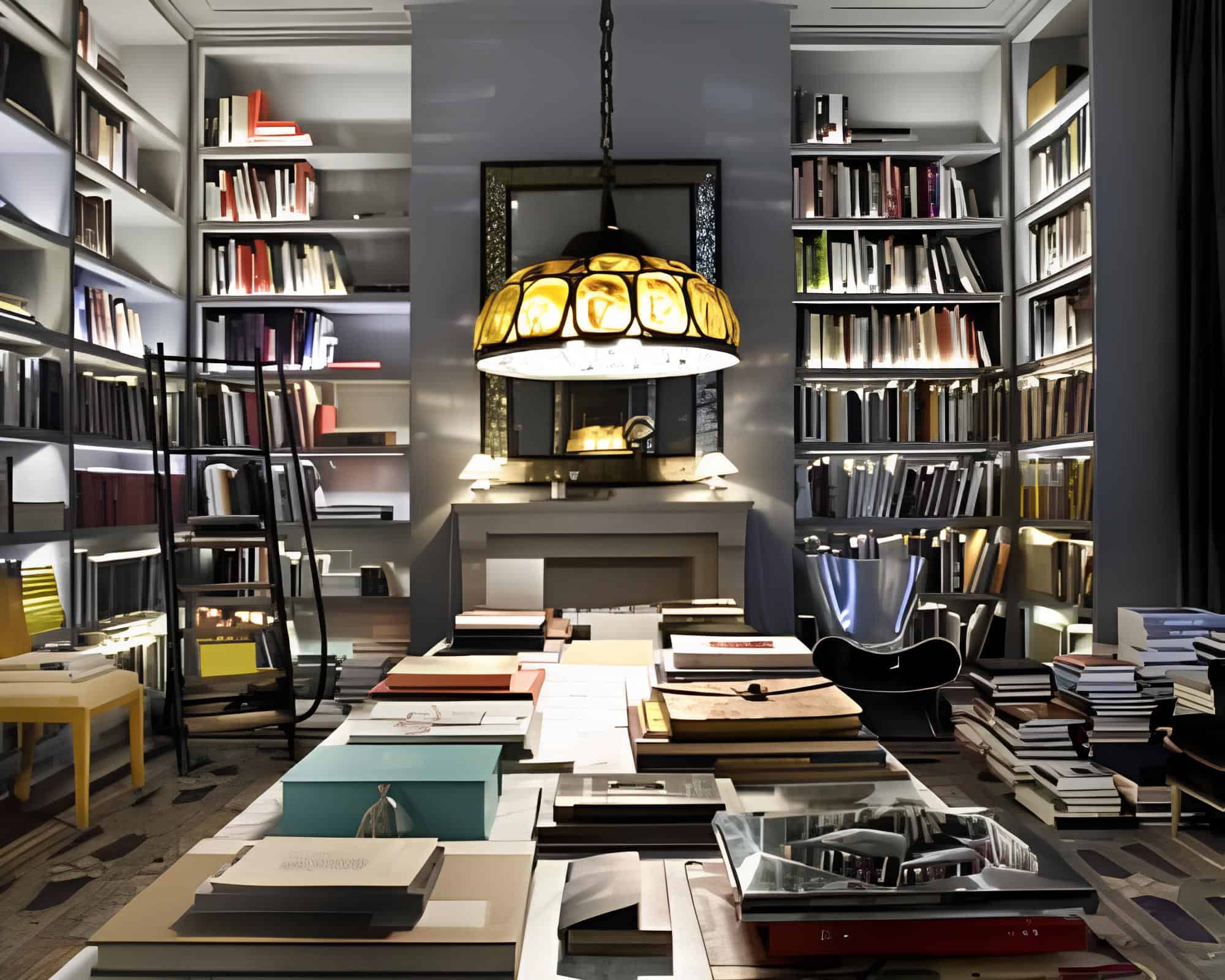 Modern home library with tall bookshelves, large reading table and warm ambient lighting