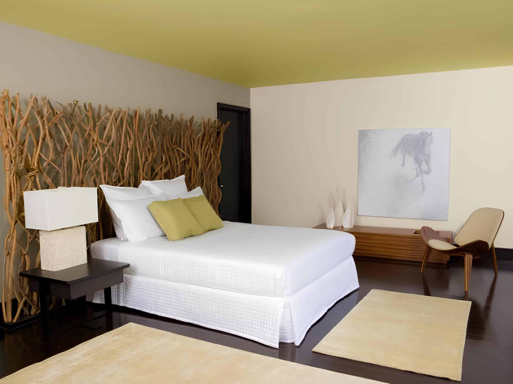 Organic wood branch headboard with modern minimalist furnishings