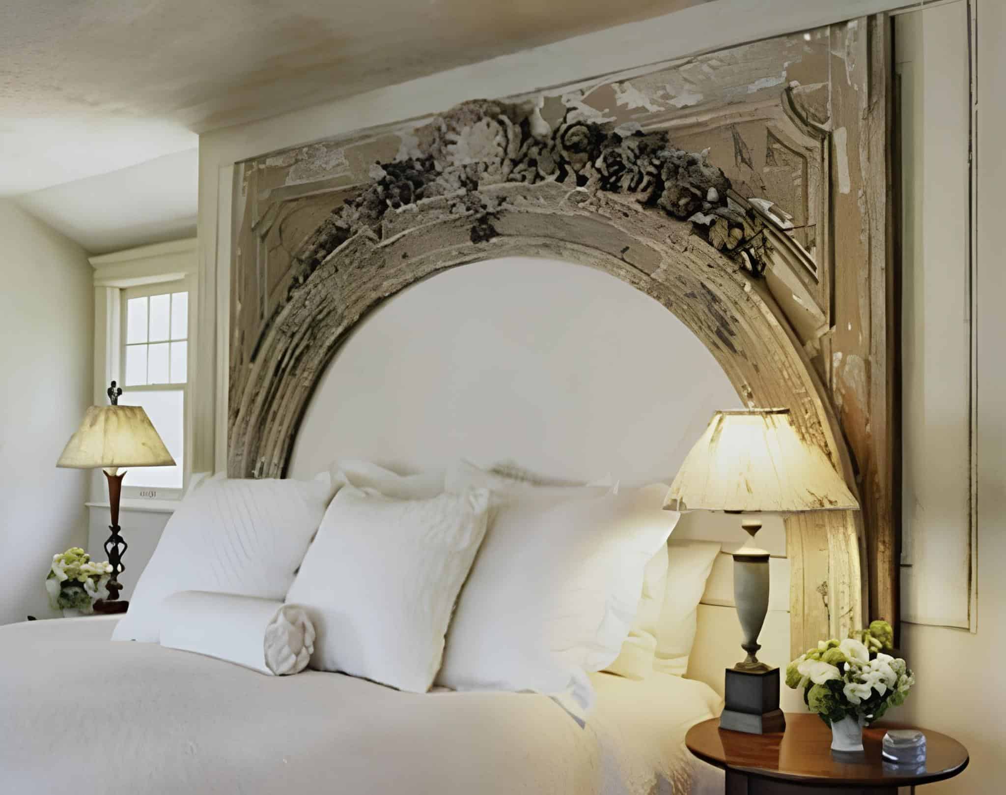 Elegant bedroom with a distressed ornate arched headboard