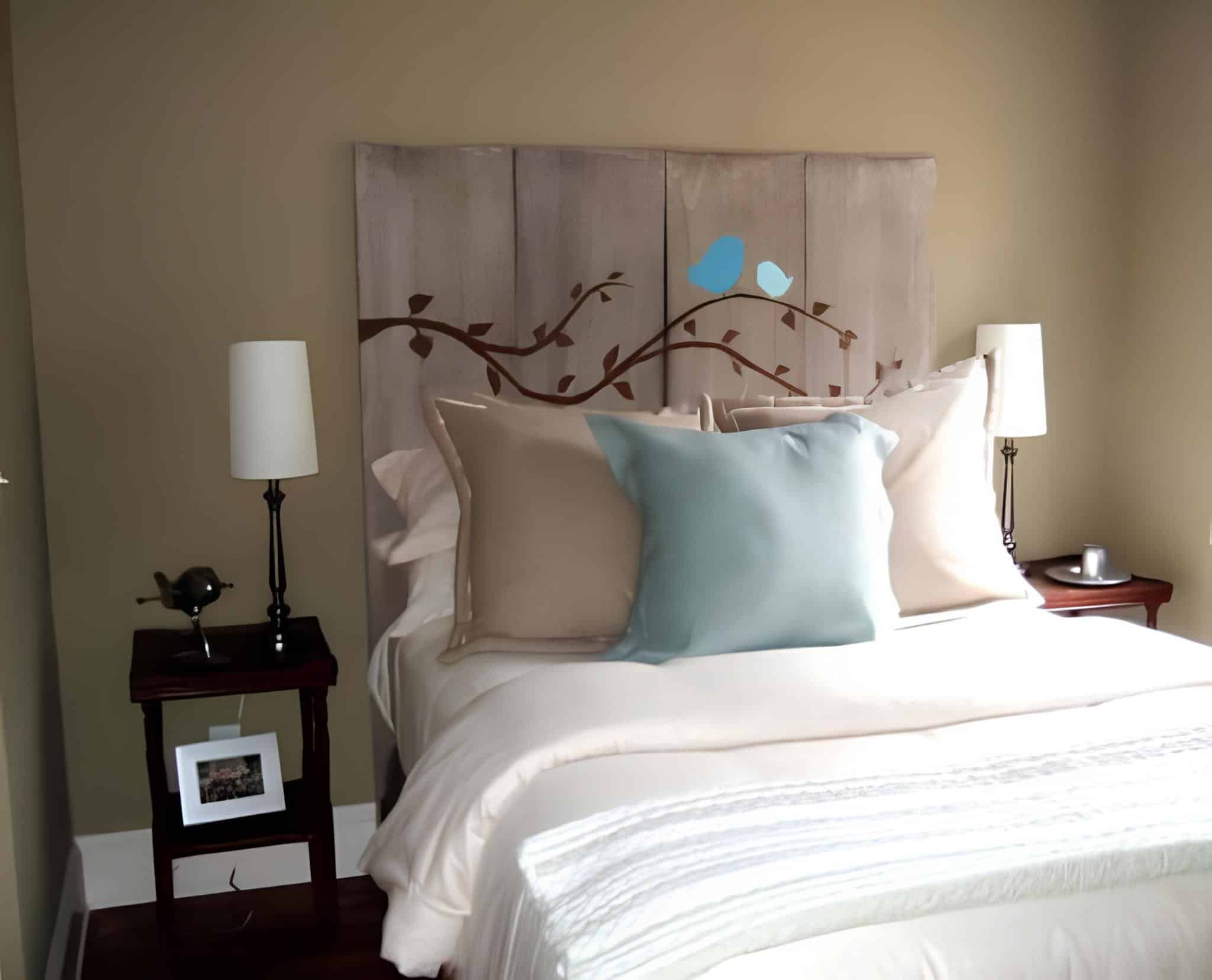 Wooden headboard painted with birds on branches
