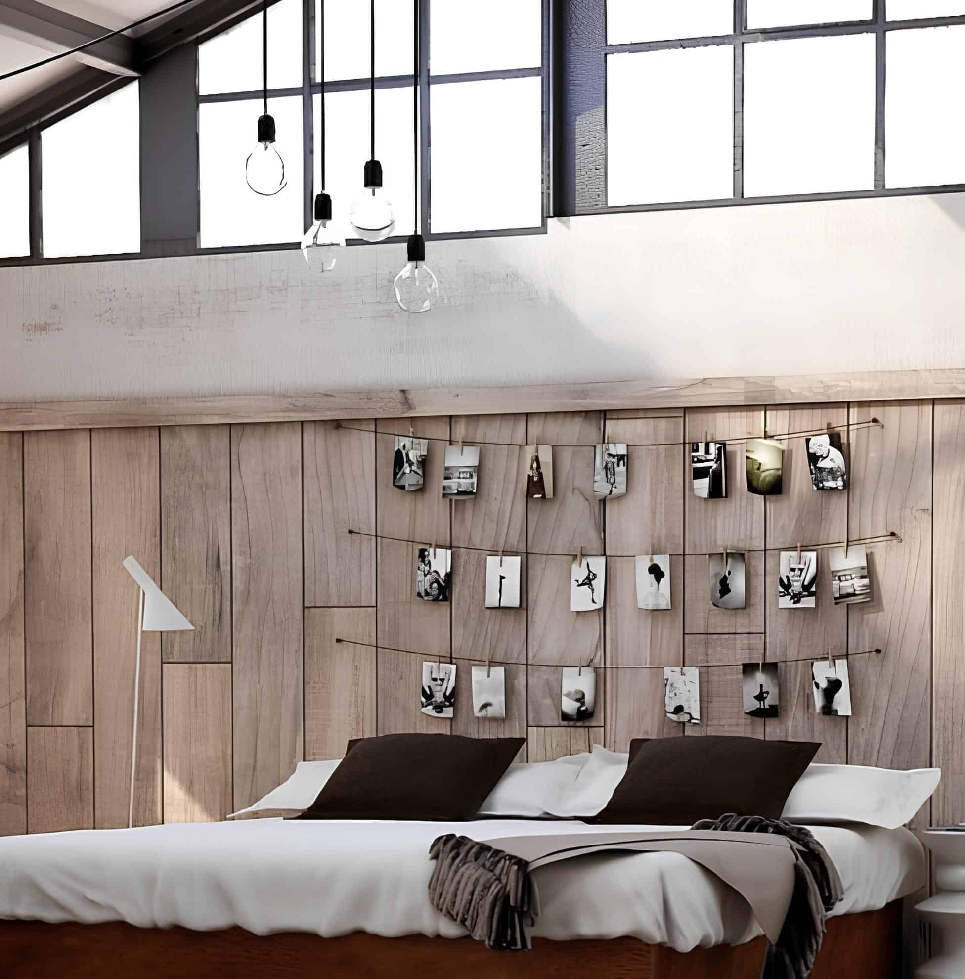 Wooden headboard wall with hanging strings of black-and-white photographs