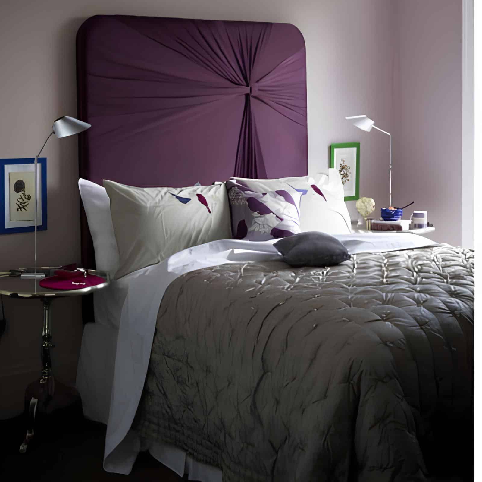 Statement headboard with twisted purple fabric design in a cozy bedroom