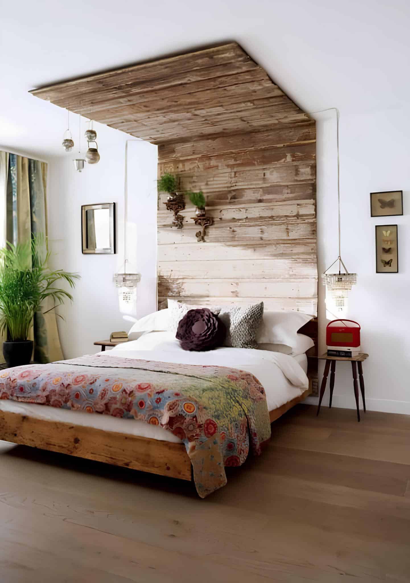 Rustic wood paneling extending from wall to ceiling behind bed