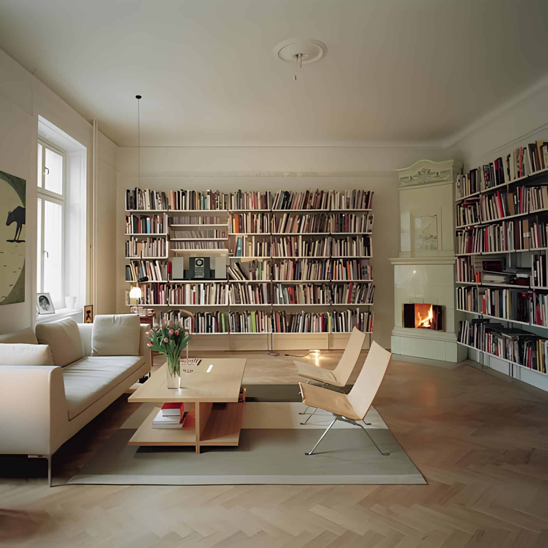 Scandinavian style living room with full wall of bookshelves and fireplace