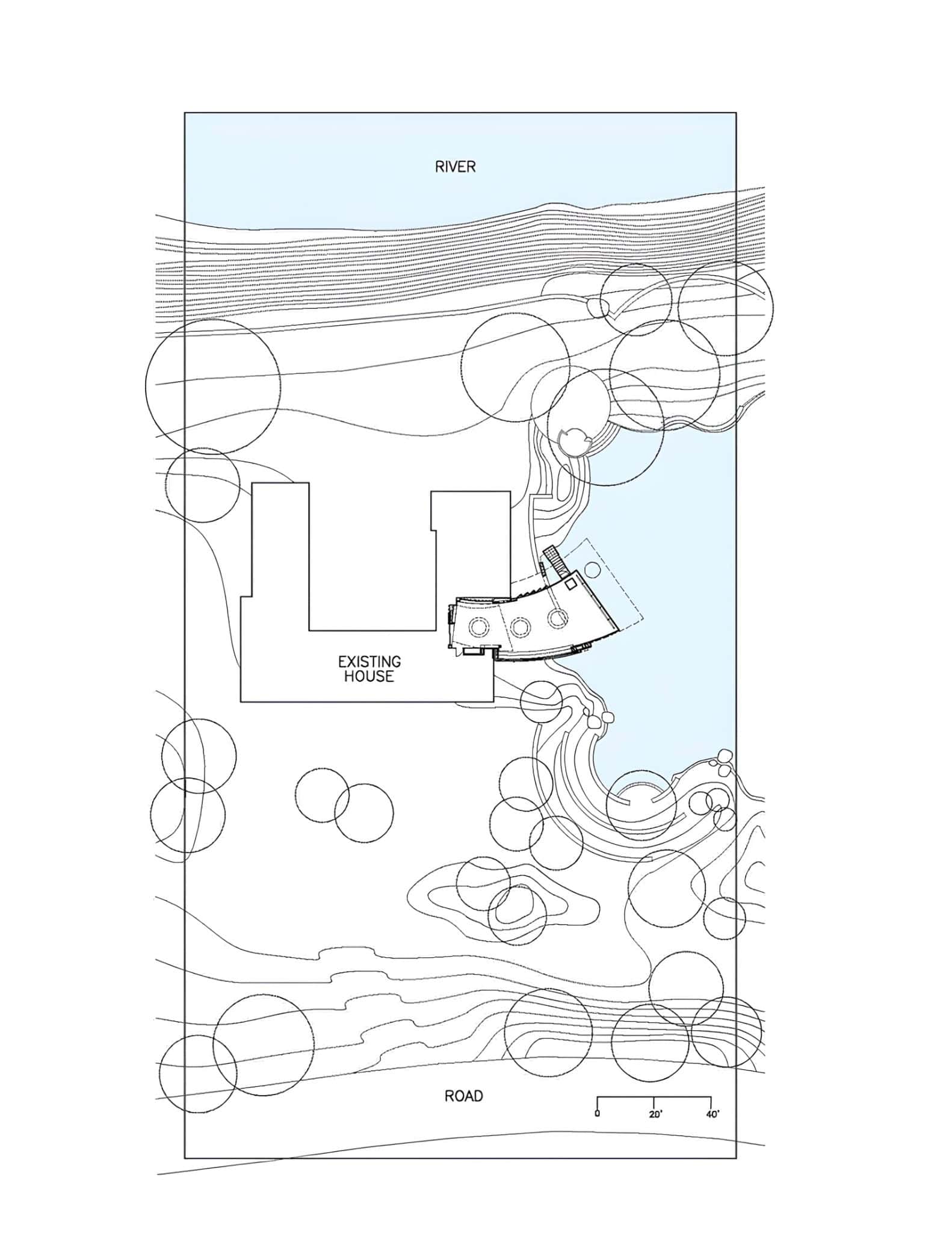 Siteplan Lakeside House Master Layout Site plan illustrating spatial relationship of the studio with river and existing house.