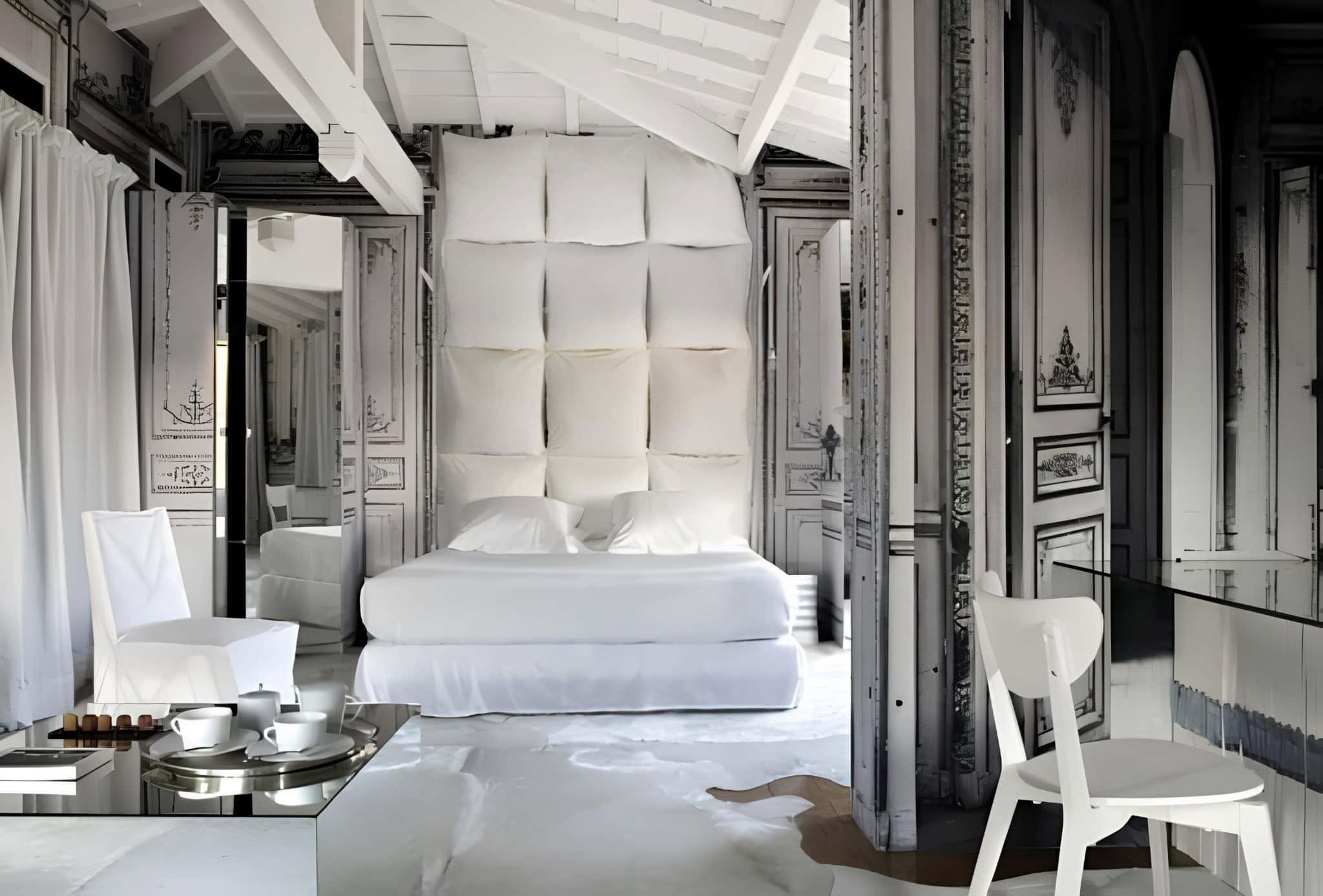 Compact room with rustic wood headboard wall and cozy bed