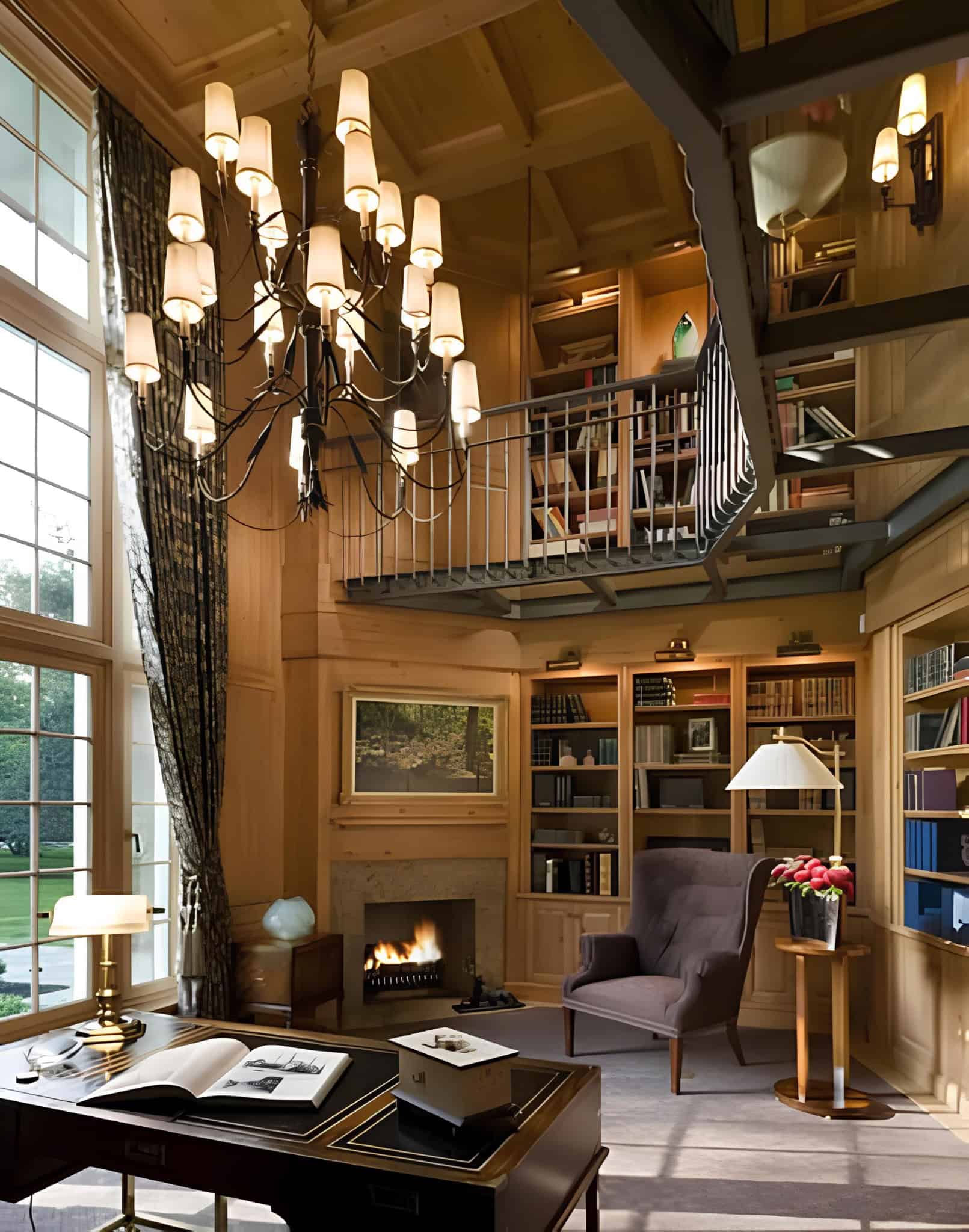 Two-story home library with chandelier, fireplace and balcony of bookshelves