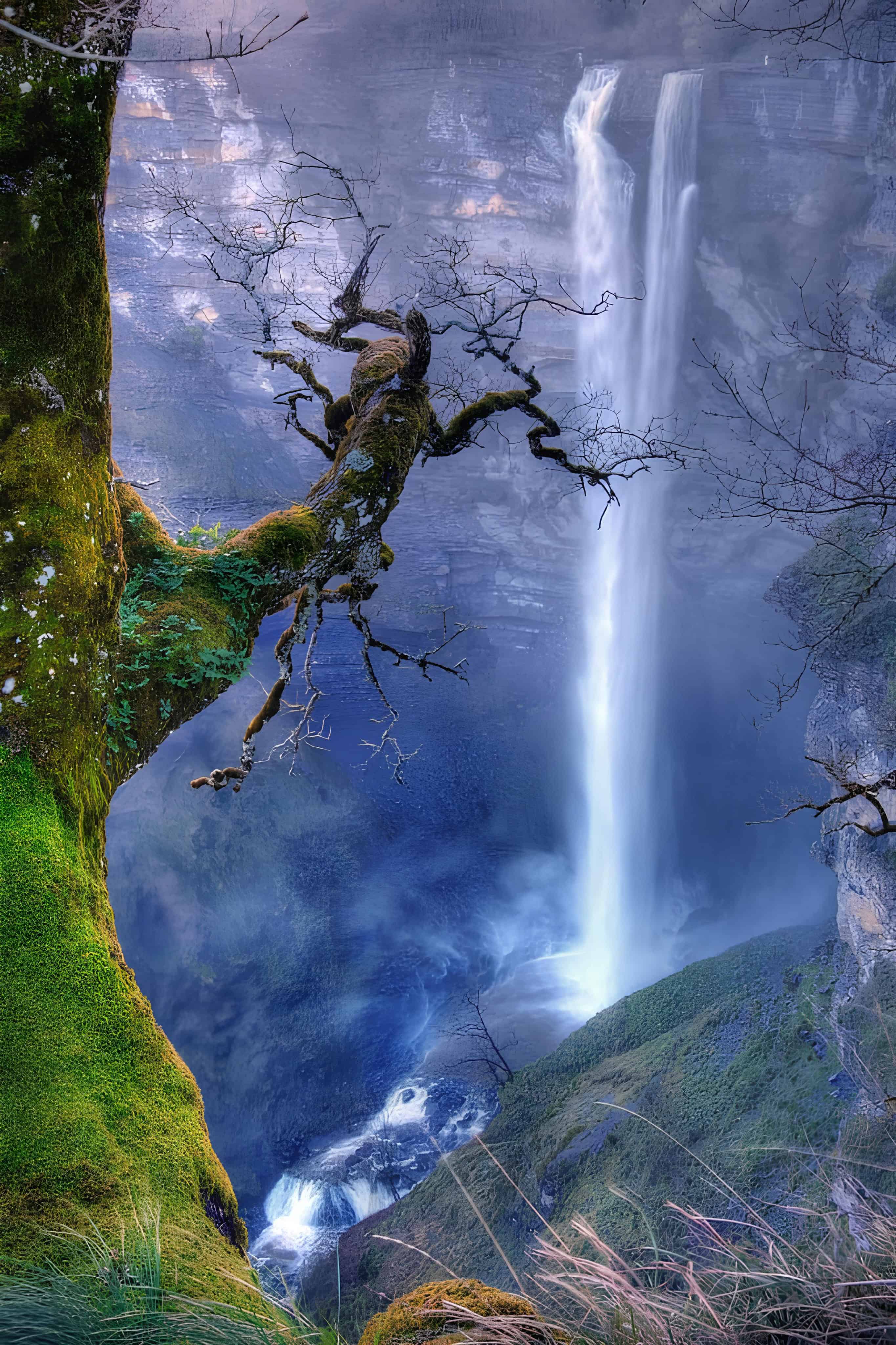 Ancient Tree and Towering Waterfall Majestic tree with mossy bark next to a tall cascading waterfall