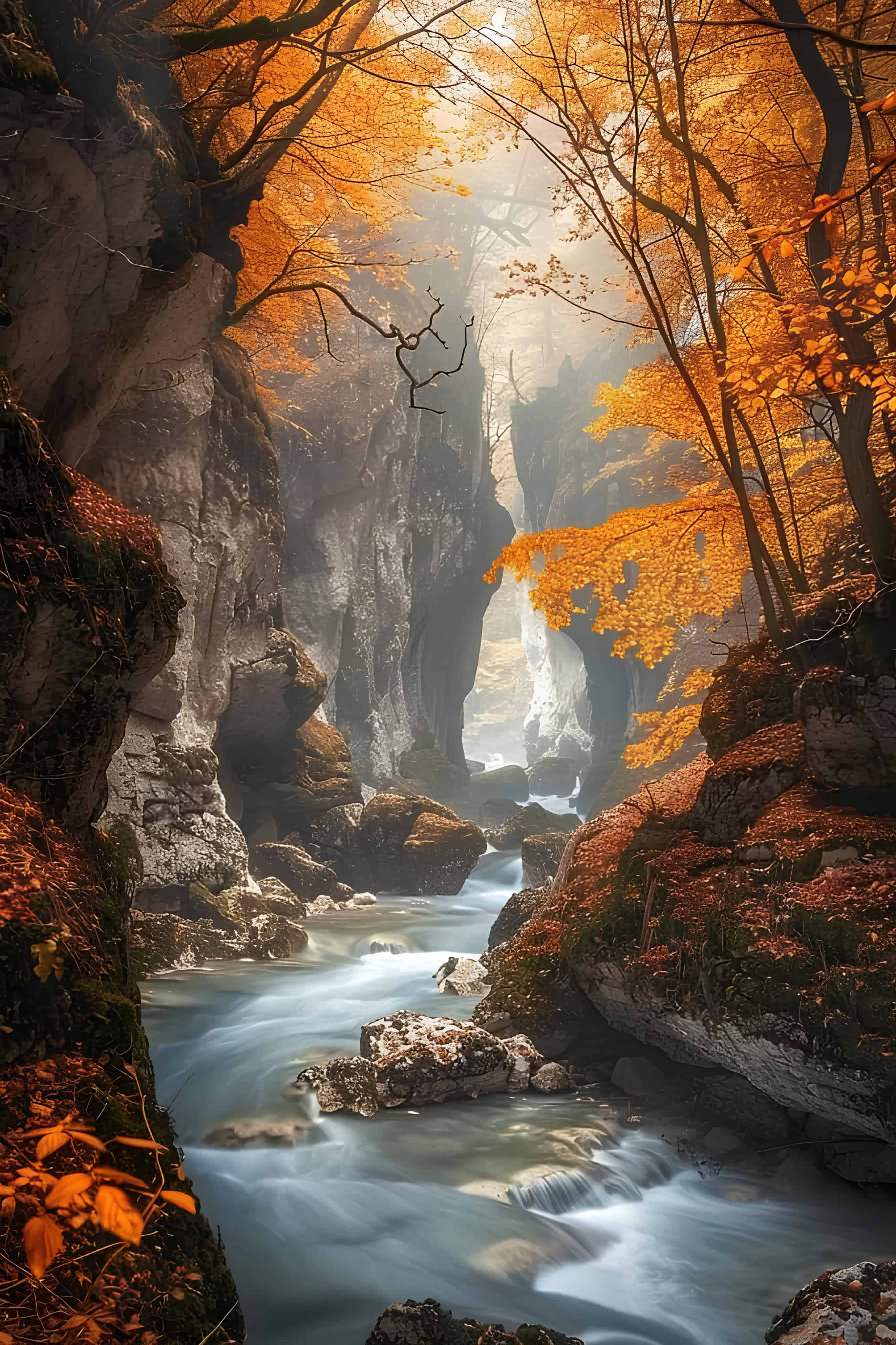 Autumn Canyon River Flow River flowing through rocky autumn canyon with orange foliage