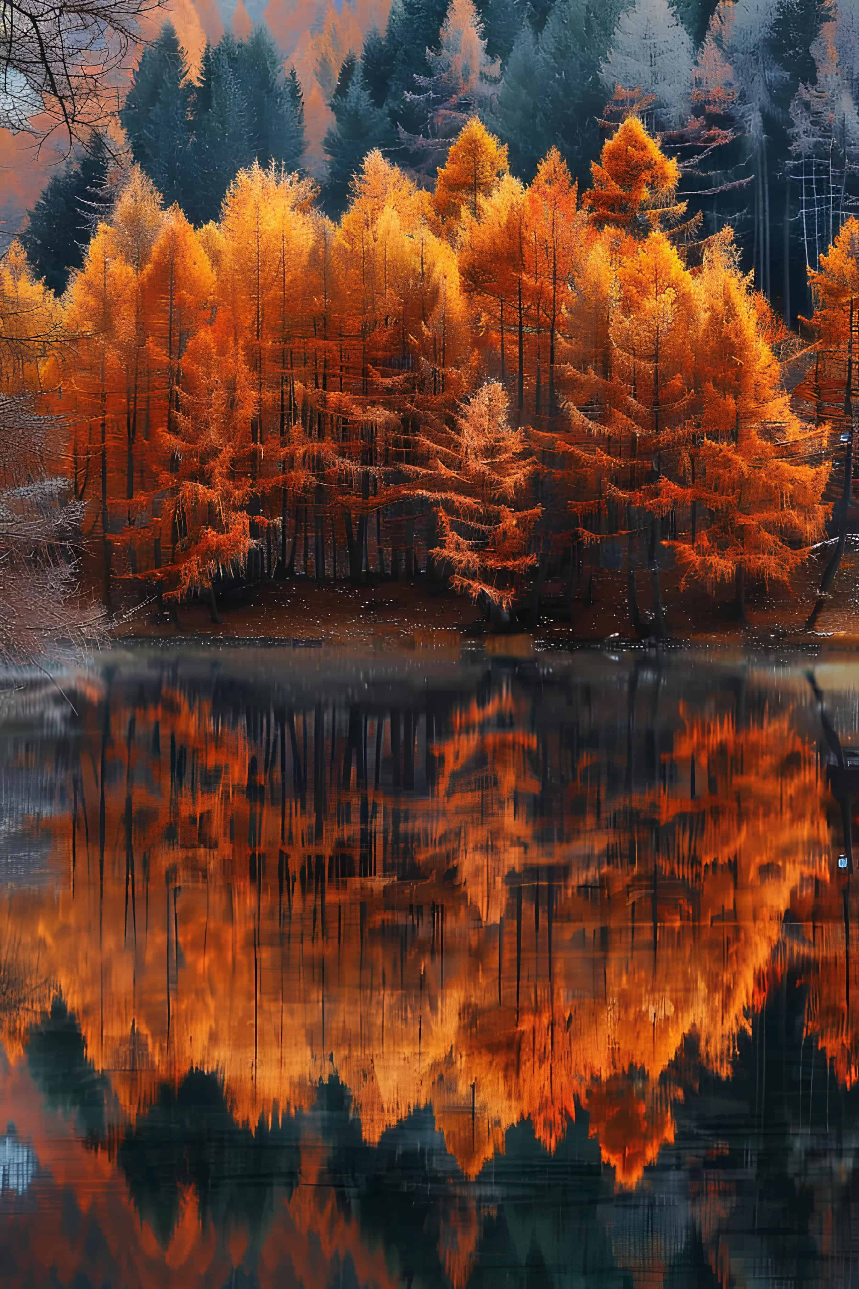 Autumn Trees Reflected in Water Vibrant orange forest mirrored on a tranquil lake surface