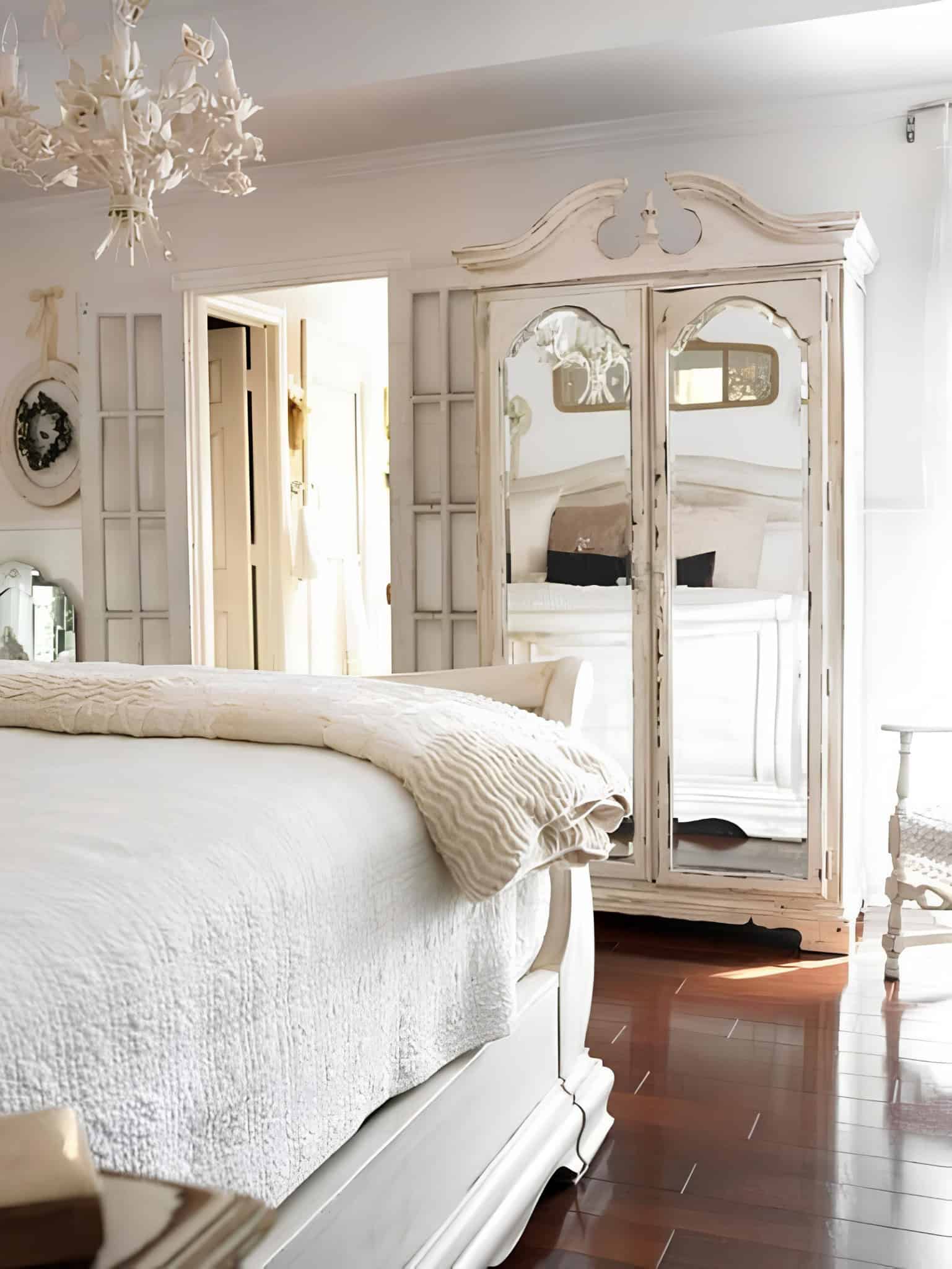Classic White Bedroom with Arched Mirrored Wardrobe Elegant white room with classic mirrored armoire and warm wooden floors