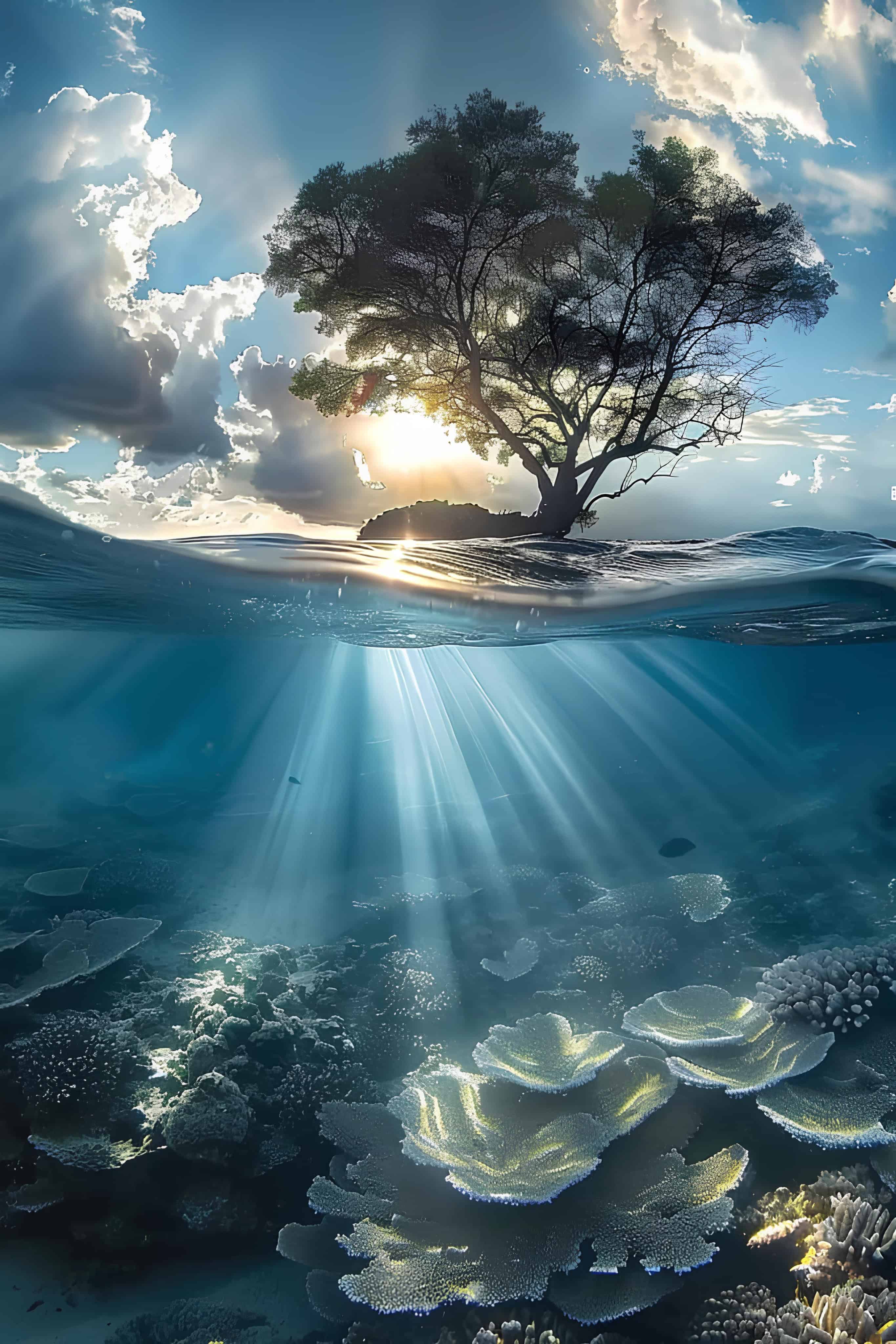 Coral Reef Under Tree Sunlight Sunbeams filtering down to coral reef beneath a tree