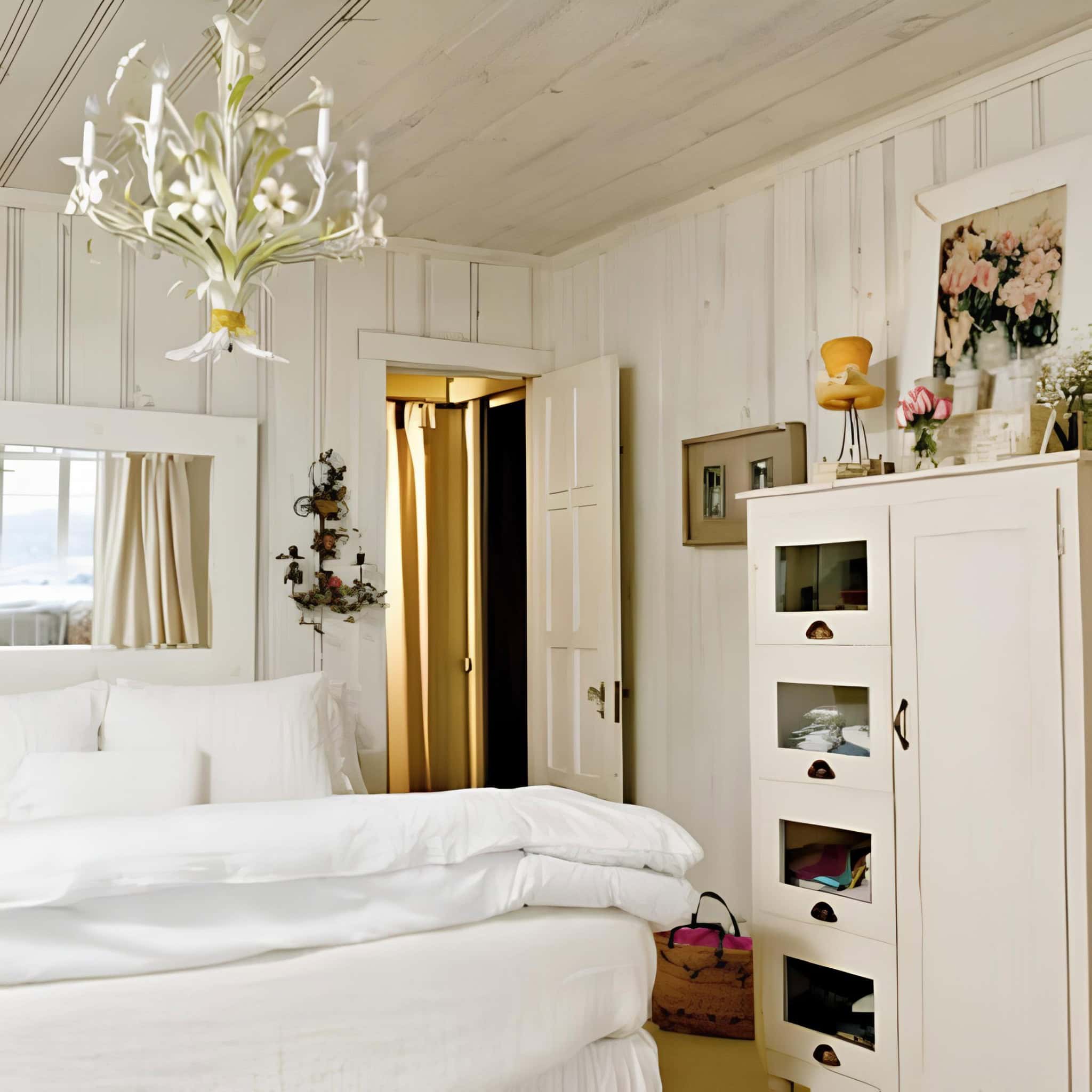 Country Style White Bedroom with Floral Art Country-inspired bedroom with wood paneling, floral art and vintage accents