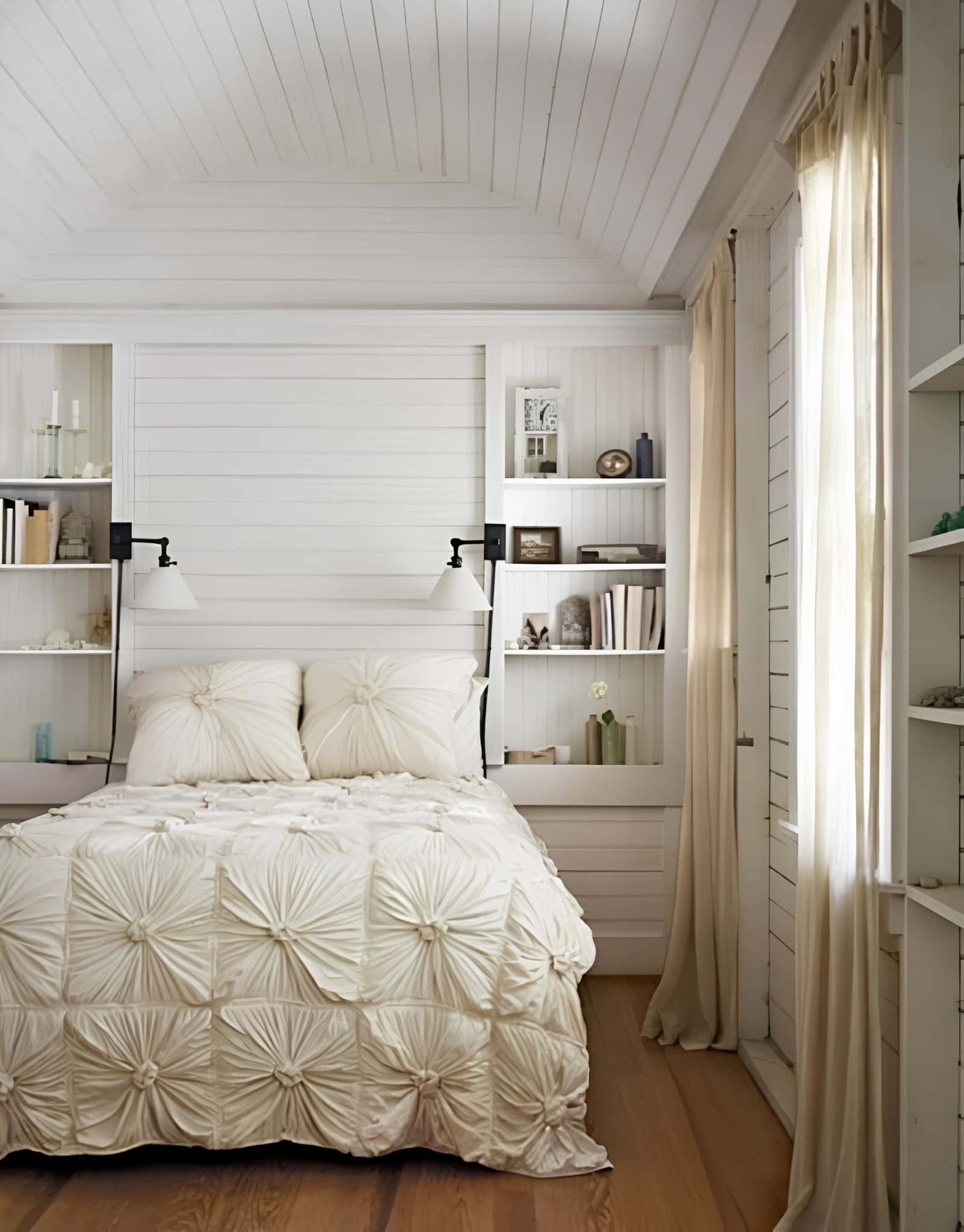 Cozy Cottage Bedroom with Textured Quilt Warm cottage-style bedroom with white paneled walls and ruched comforter
