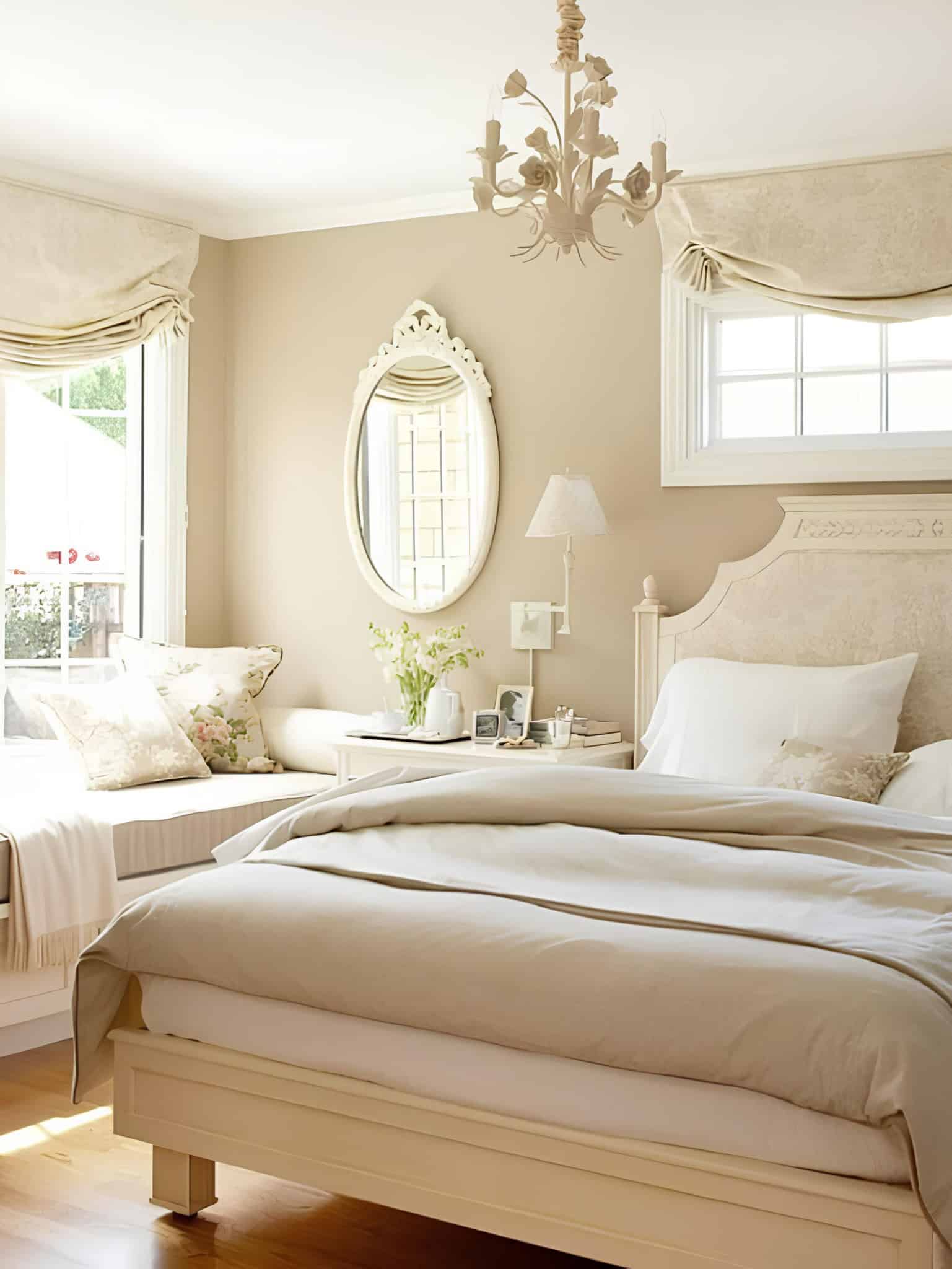 Elegant Beige and White Bedroom with Chandelier Warm bedroom in beige and white with chandelier and vintage-style furnishings