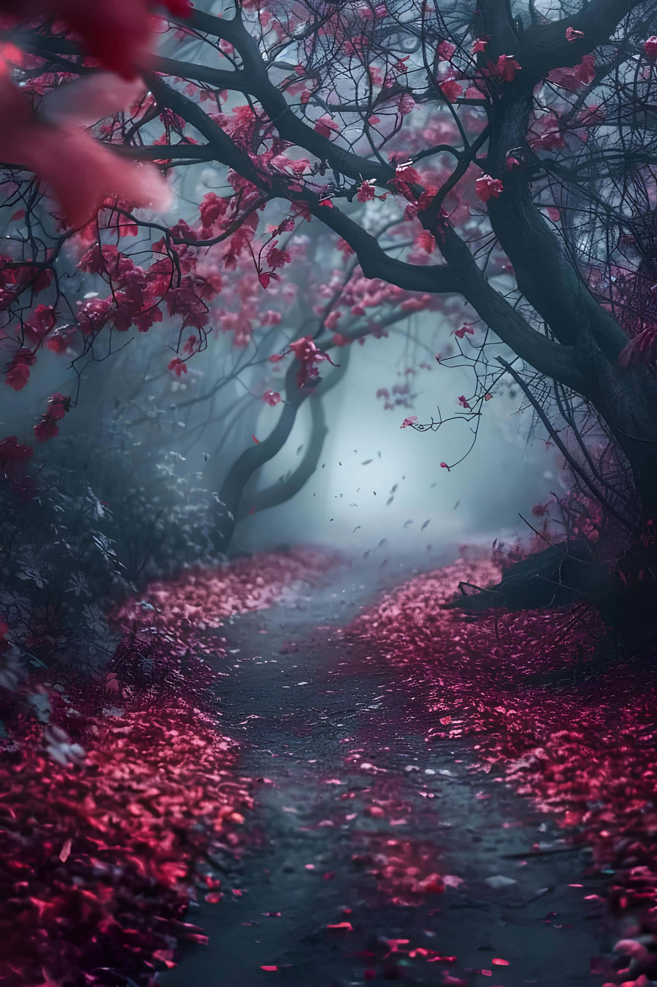 Enchanted Pink Blossom Path Mystical pathway carpeted in pink petals under twisted trees